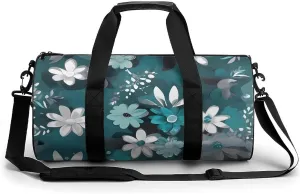 Gym Bag Teal Grey And White Floral Duffel Bag for Men Women Overnight Bag with Shoe Compartment Workout Bags