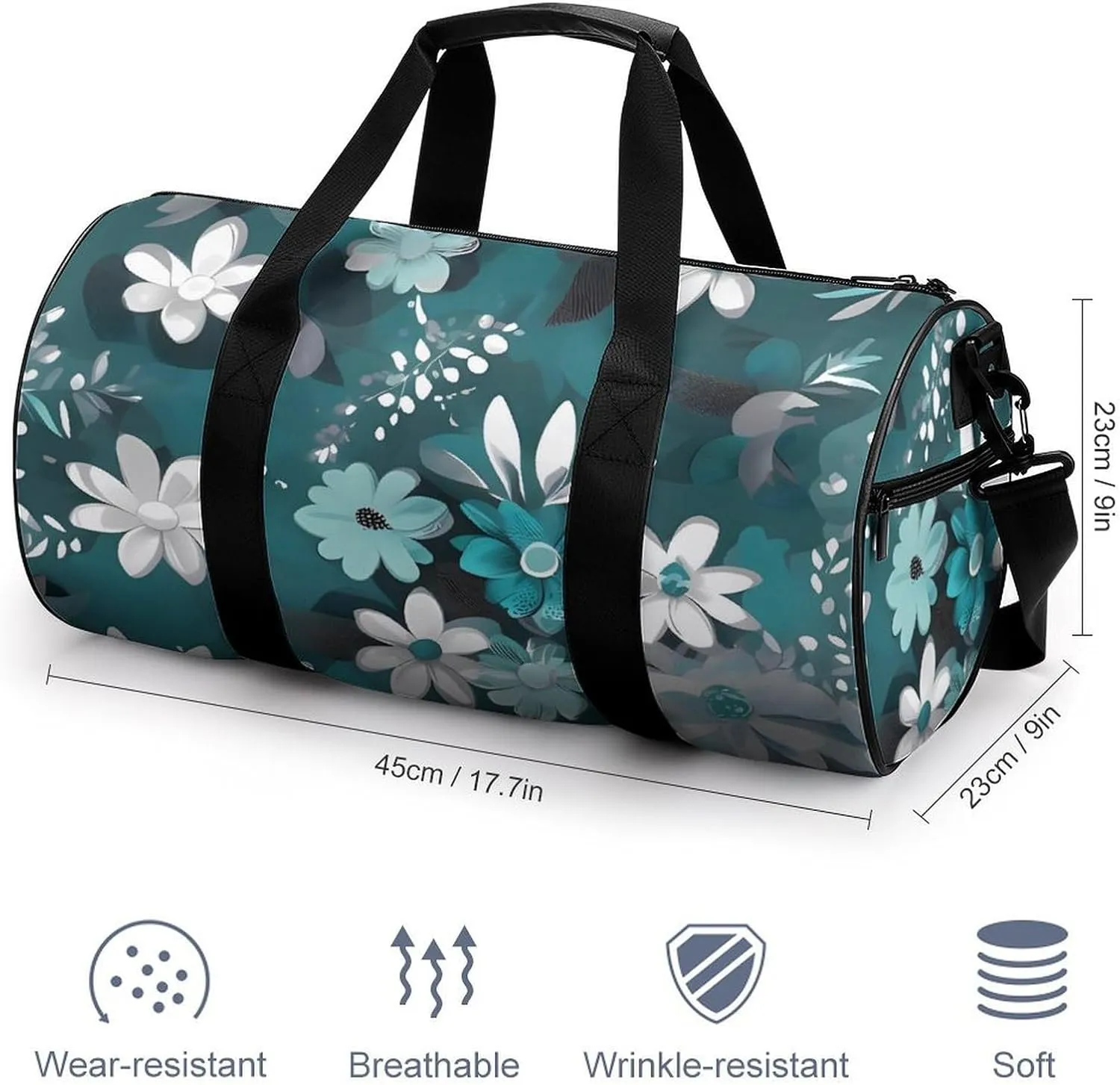 Gym Bag Teal Grey And White Floral Duffel Bag for Men Women Overnight Bag with Shoe Compartment Workout Bags