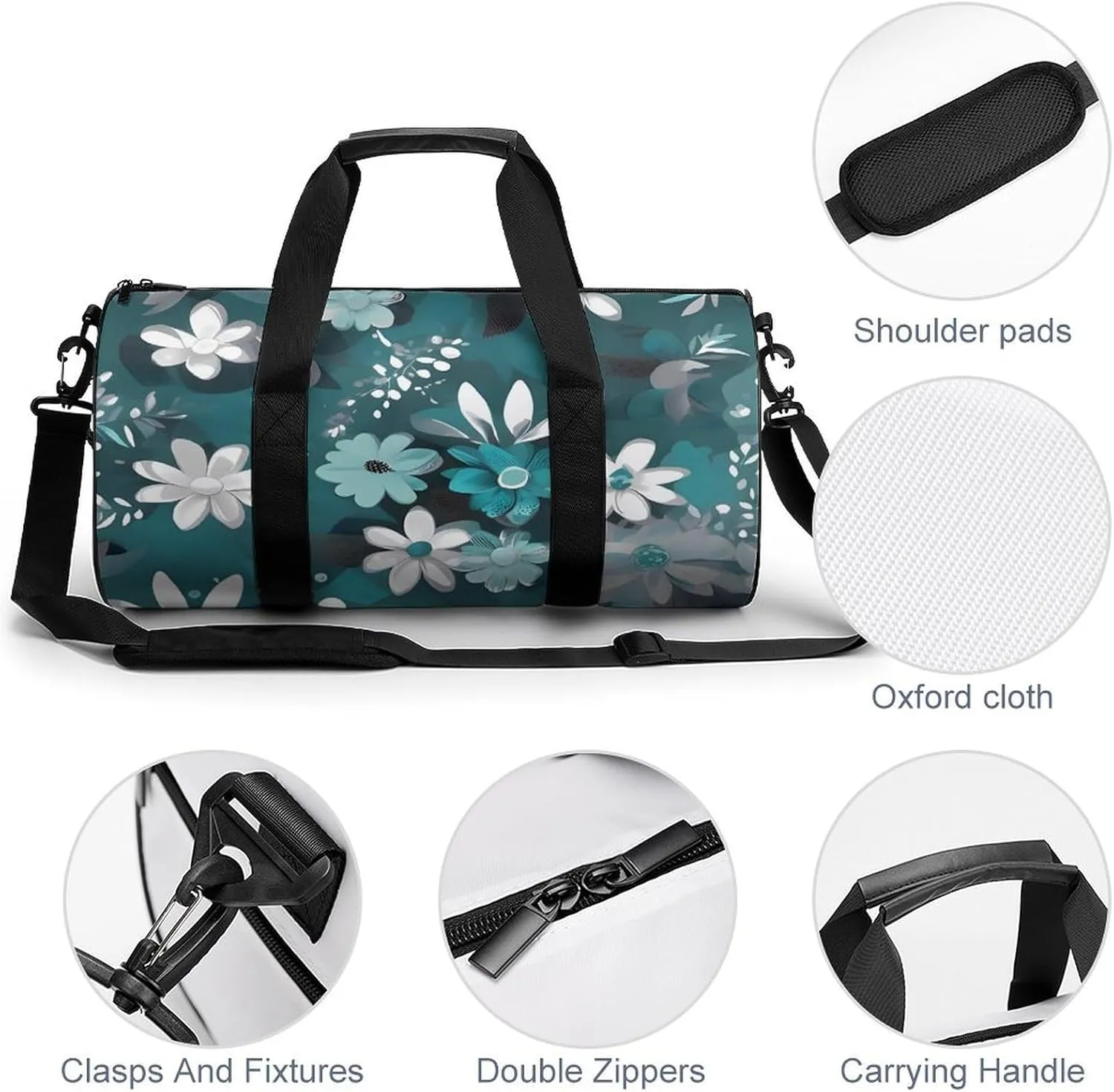 Gym Bag Teal Grey And White Floral Duffel Bag for Men Women Overnight Bag with Shoe Compartment Workout Bags