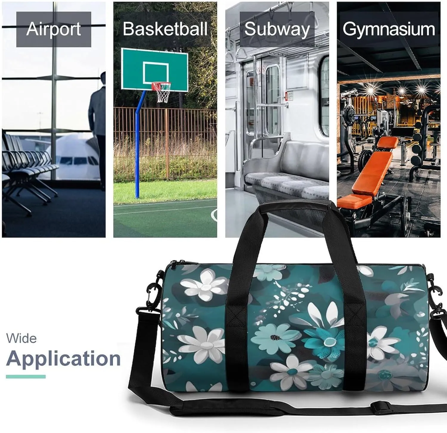 Gym Bag Teal Grey And White Floral Duffel Bag for Men Women Overnight Bag with Shoe Compartment Workout Bags