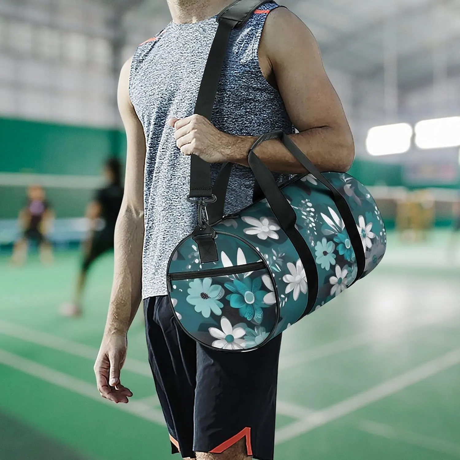 Gym Bag Teal Grey And White Floral Duffel Bag for Men Women Overnight Bag with Shoe Compartment Workout Bags