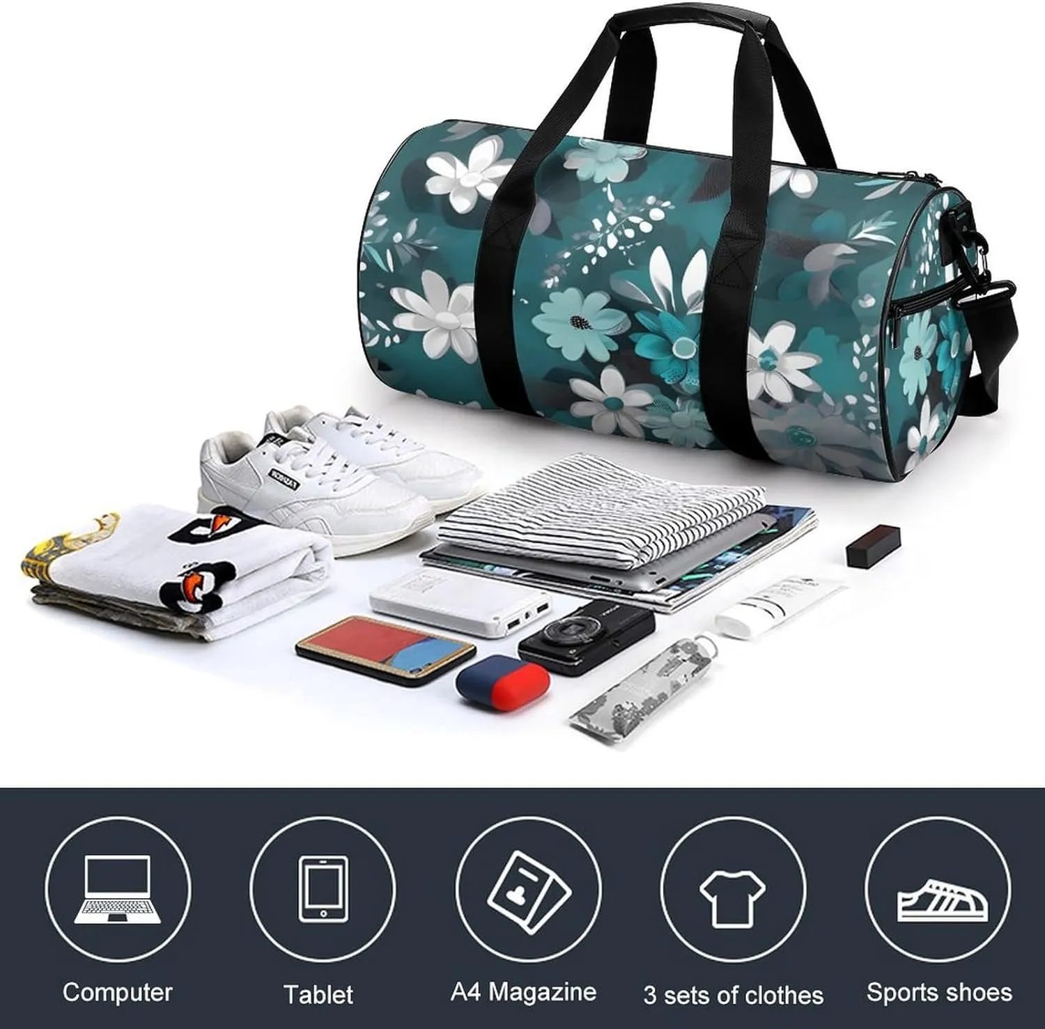 Gym Bag Teal Grey And White Floral Duffel Bag for Men Women Overnight Bag with Shoe Compartment Workout Bags