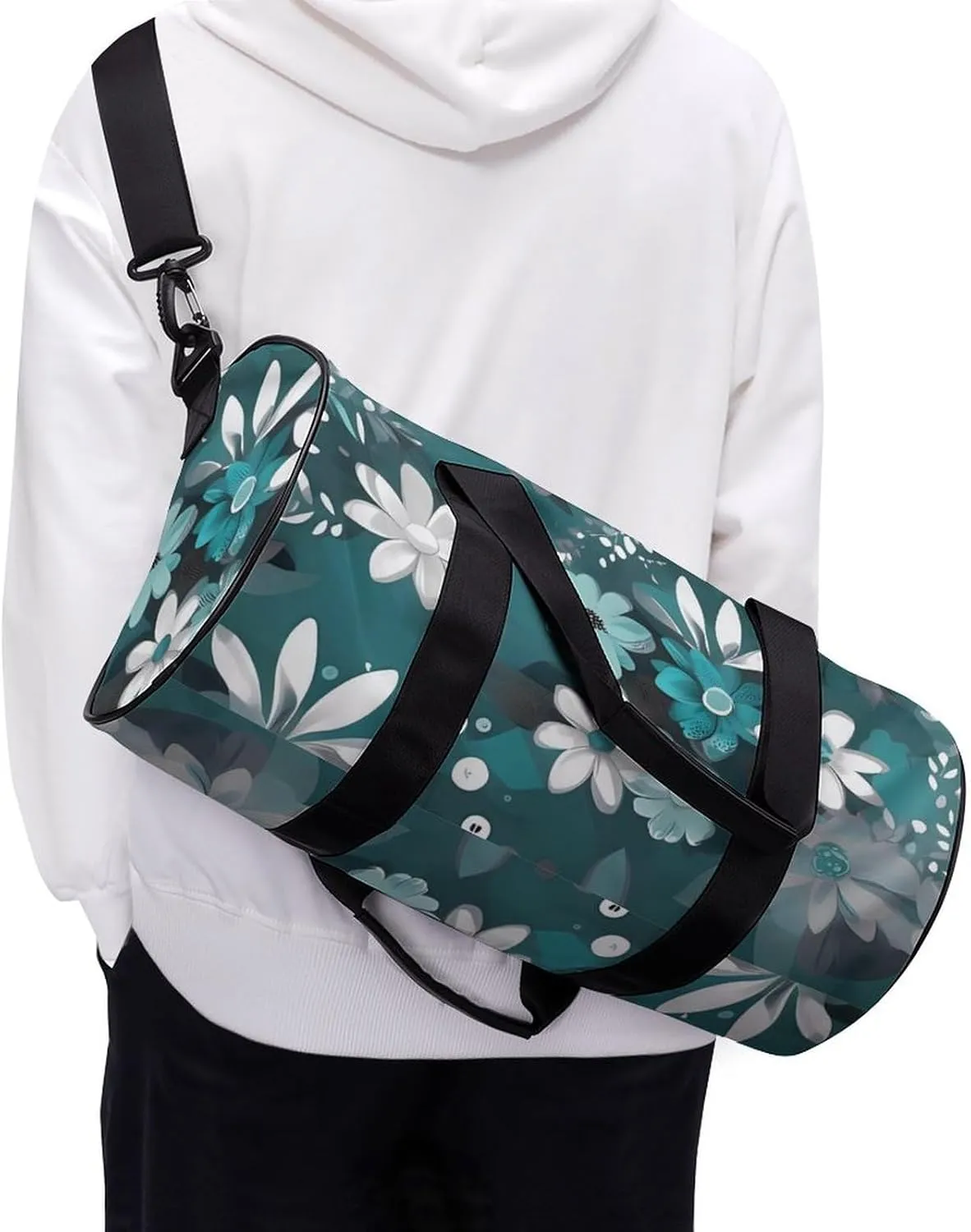 Gym Bag Teal Grey And White Floral Duffel Bag for Men Women Overnight Bag with Shoe Compartment Workout Bags