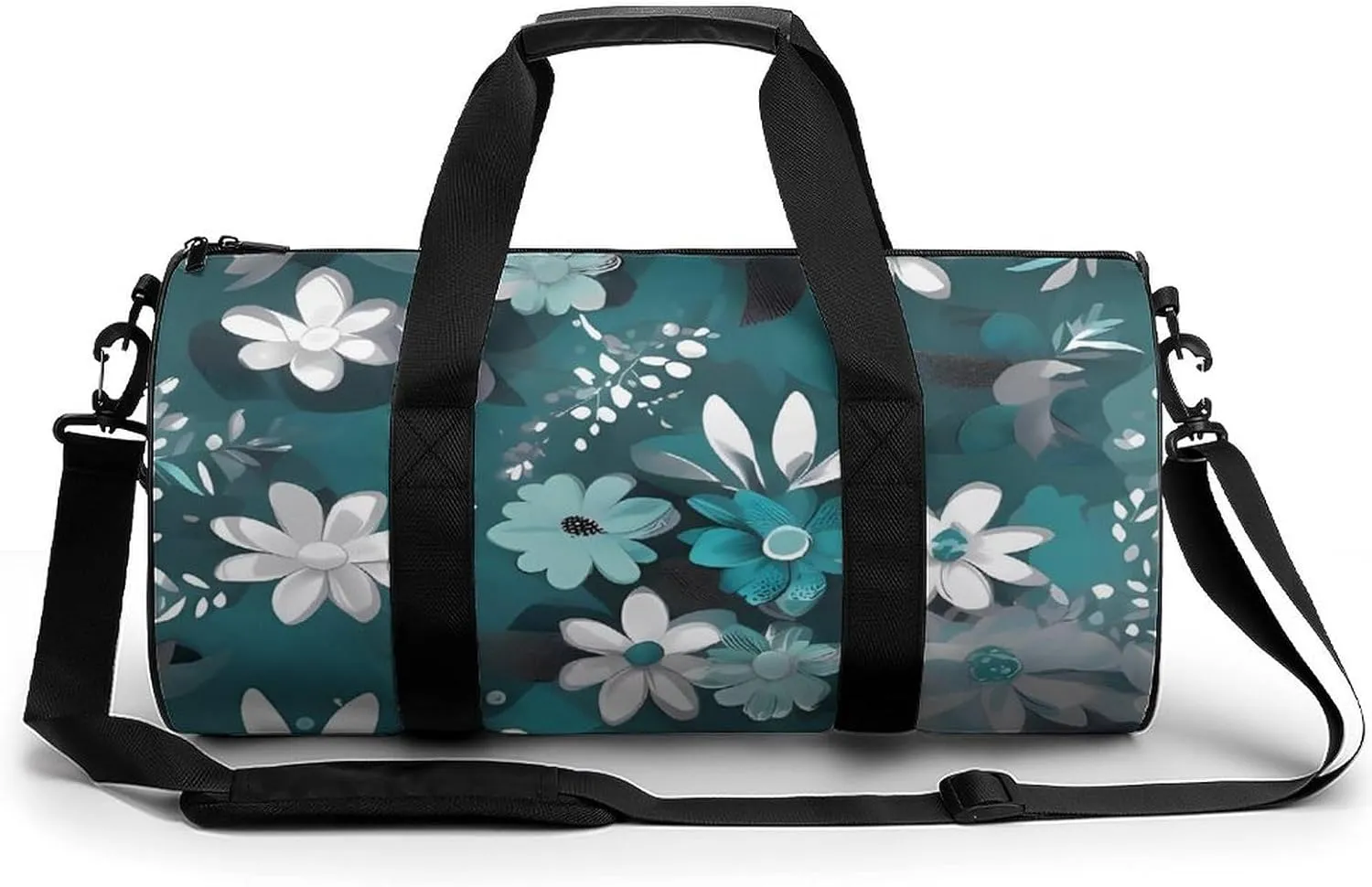 Gym Bag Teal Grey And White Floral Duffel Bag for Men Women Overnight Bag with Shoe Compartment Workout Bags