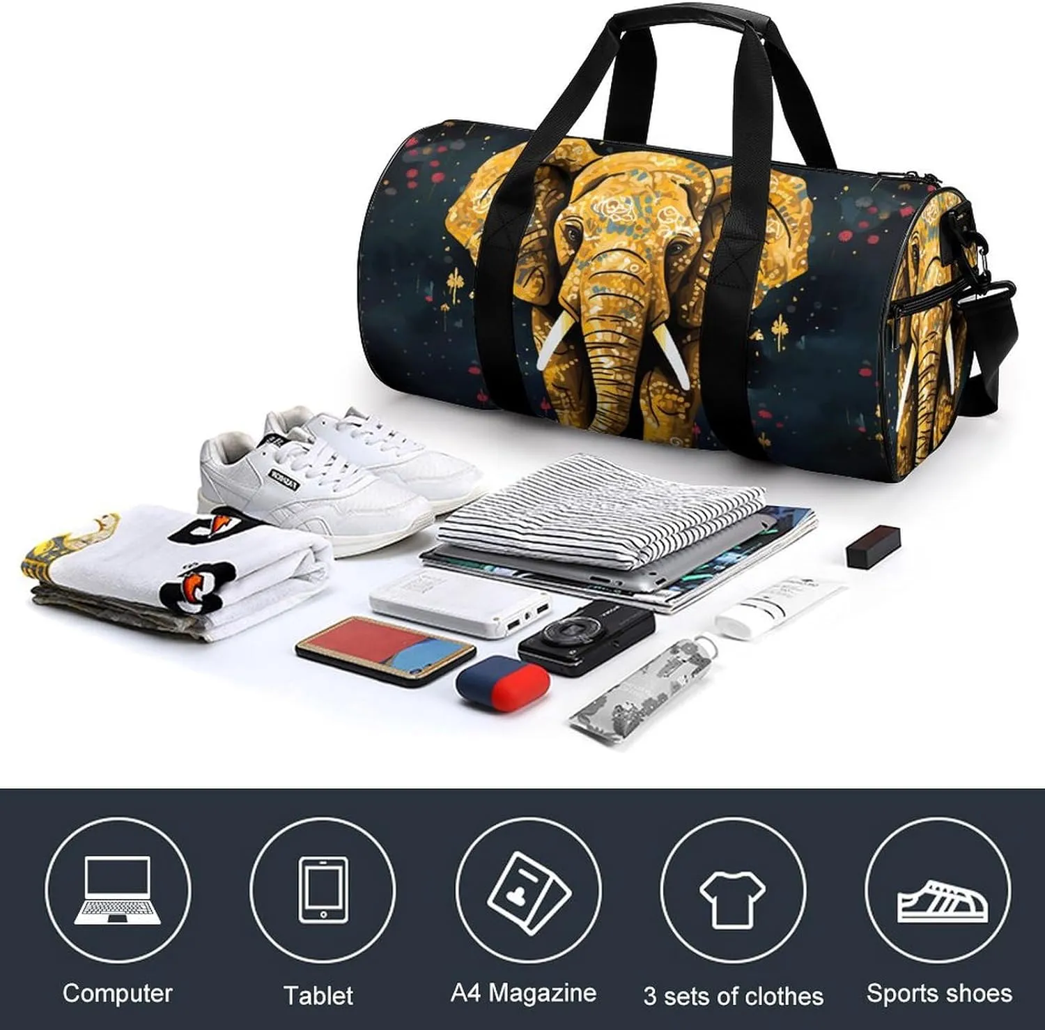 Gym Bags for Men Women Abstract Elephant Duffle Bag Travel Overnight Bag with Shoe Compartment Tote Bags