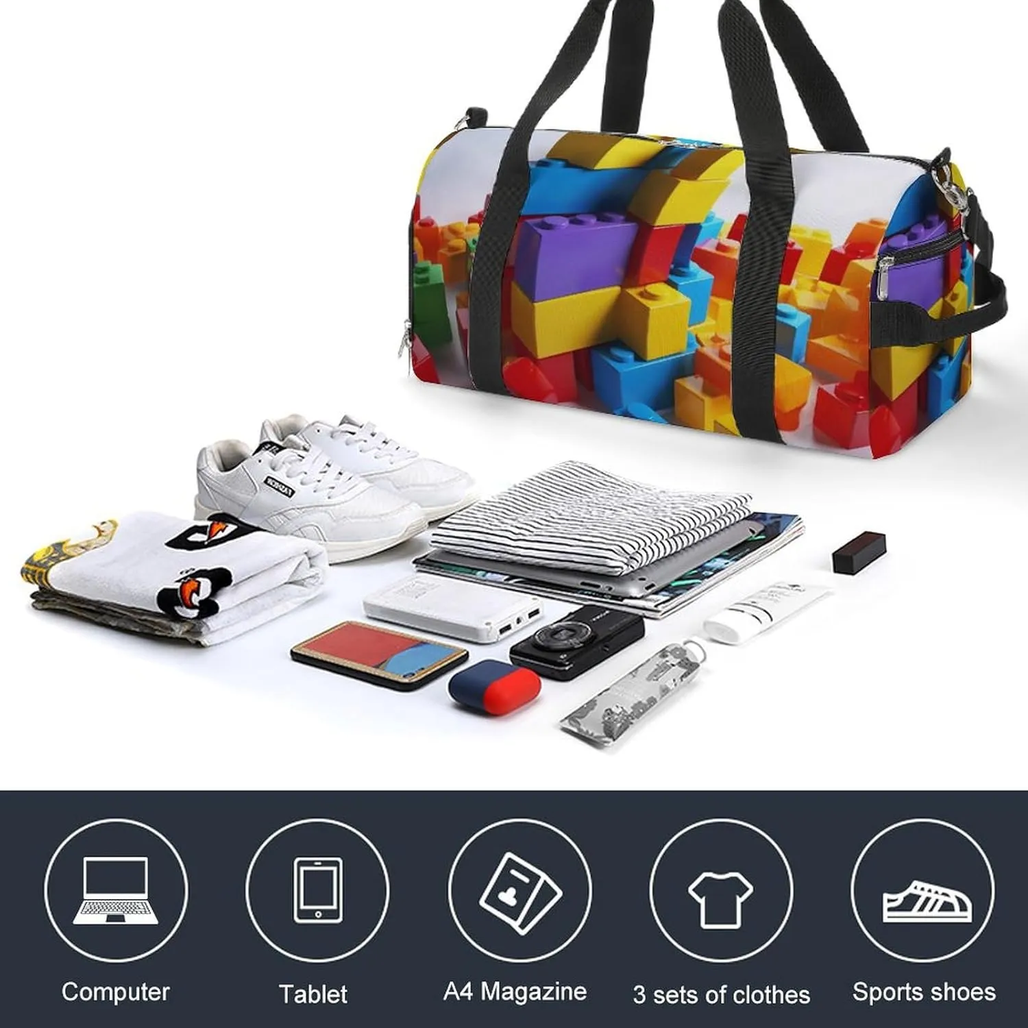 Gym Bags for Men Women Colorful Building Blocks Duffle Bag Travel Overnight Bag with Shoe Compartment Tote Bags