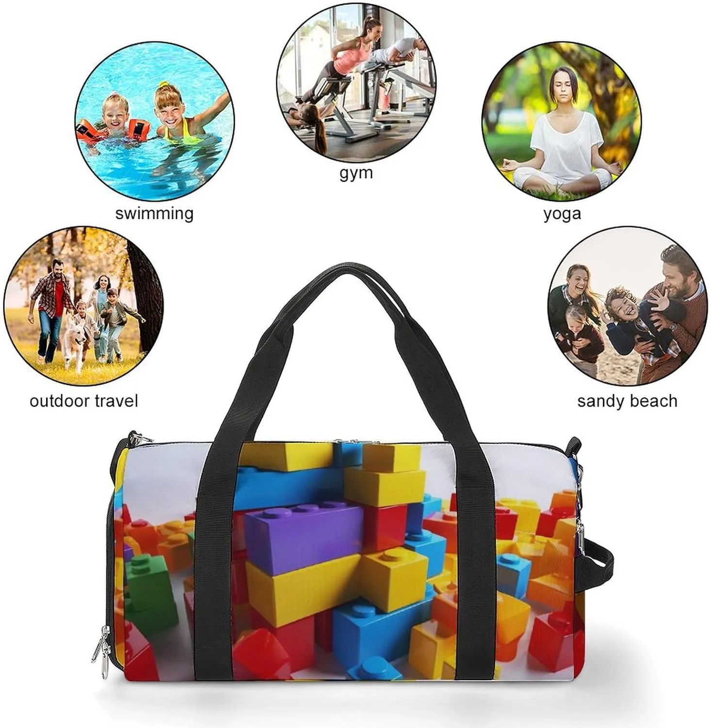 Gym Bags for Men Women Colorful Building Blocks Duffle Bag Travel Overnight Bag with Shoe Compartment Tote Bags
