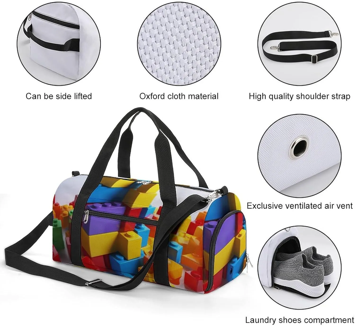 Gym Bags for Men Women Colorful Building Blocks Duffle Bag Travel Overnight Bag with Shoe Compartment Tote Bags