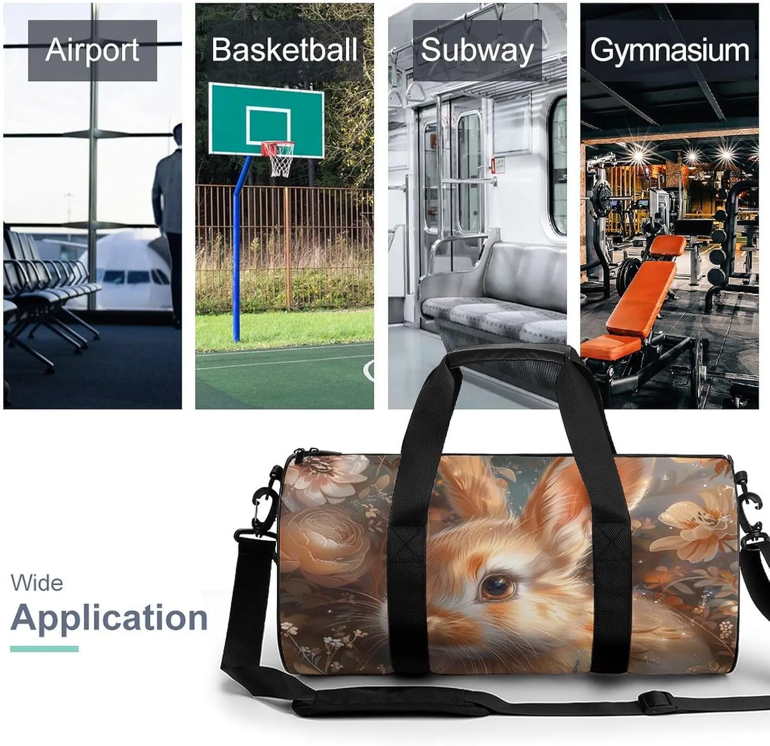 Gym Bags for Men Women Floral Art Bunny Duffle Bag Travel Overnight Bag with Shoe Compartment Tote Bags