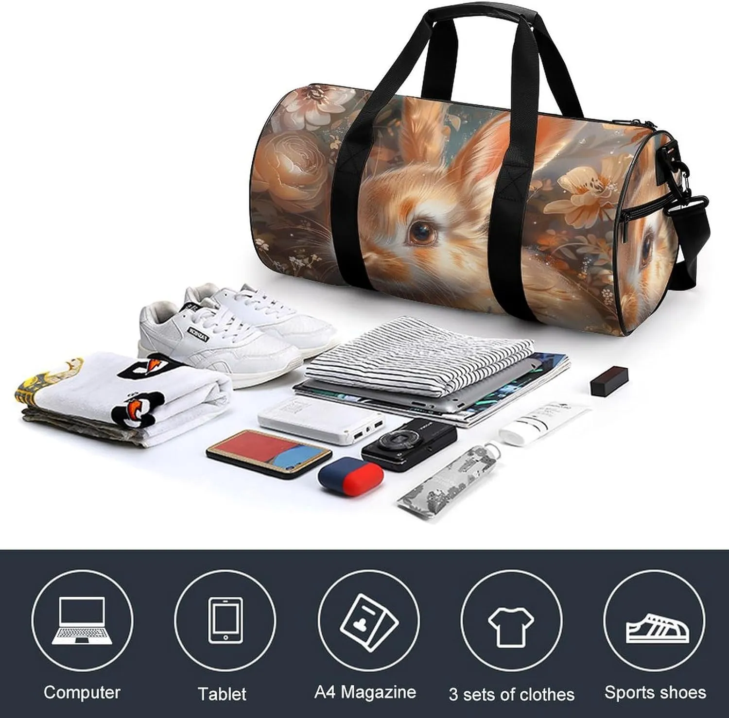 Gym Bags for Men Women Floral Art Bunny Duffle Bag Travel Overnight Bag with Shoe Compartment Tote Bags