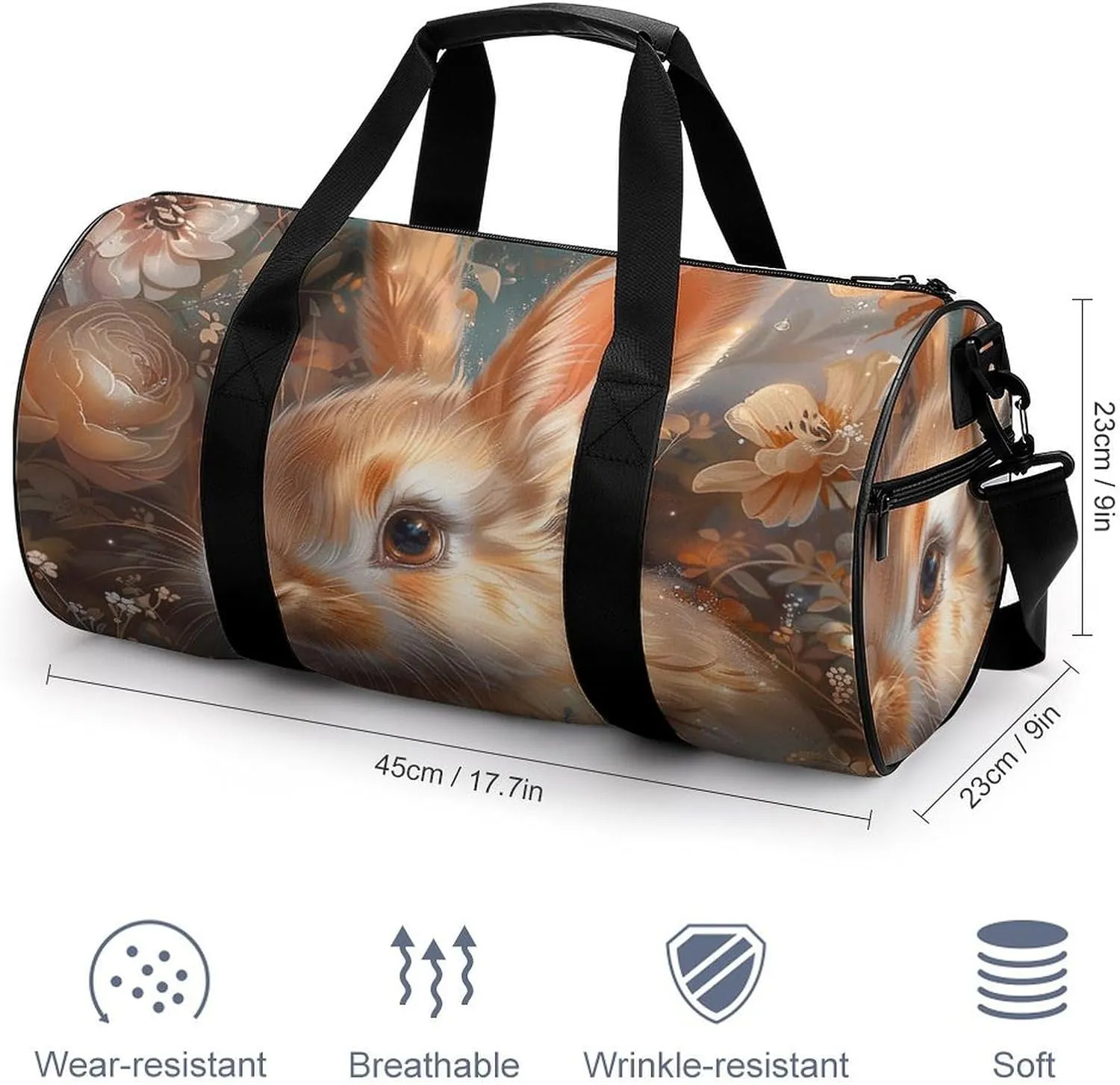 Gym Bags for Men Women Floral Art Bunny Duffle Bag Travel Overnight Bag with Shoe Compartment Tote Bags