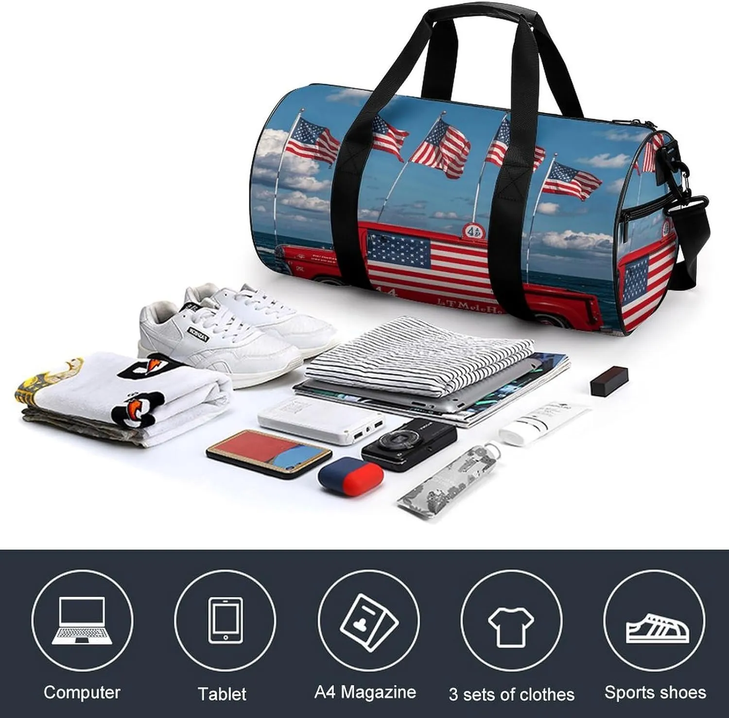 Gym Bags Small 4th Of July Patriotic Truck Duffel Bag Overnight Bag with Shoe Compartment Carryon Bag for Men Women