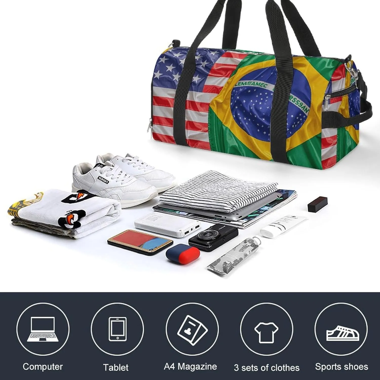 Gym Bags Small American And Brazilian Flags Duffel Bag Overnight Bag with Shoe Compartment Carryon Bag for Men Women