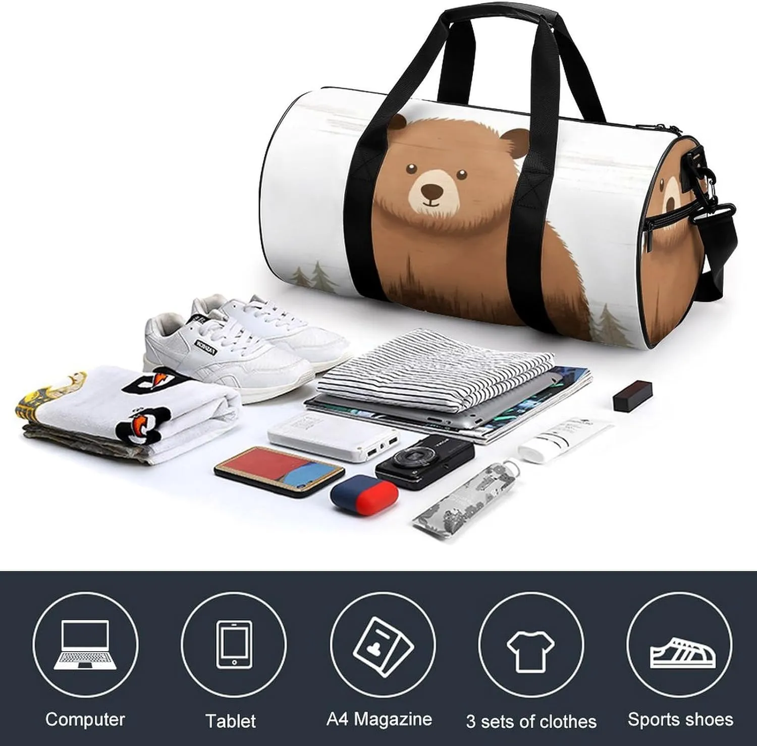 Gym Bags Small Animal Bear Duffel Bag Overnight Bag with Shoe Compartment Carryon Bag for Men Women