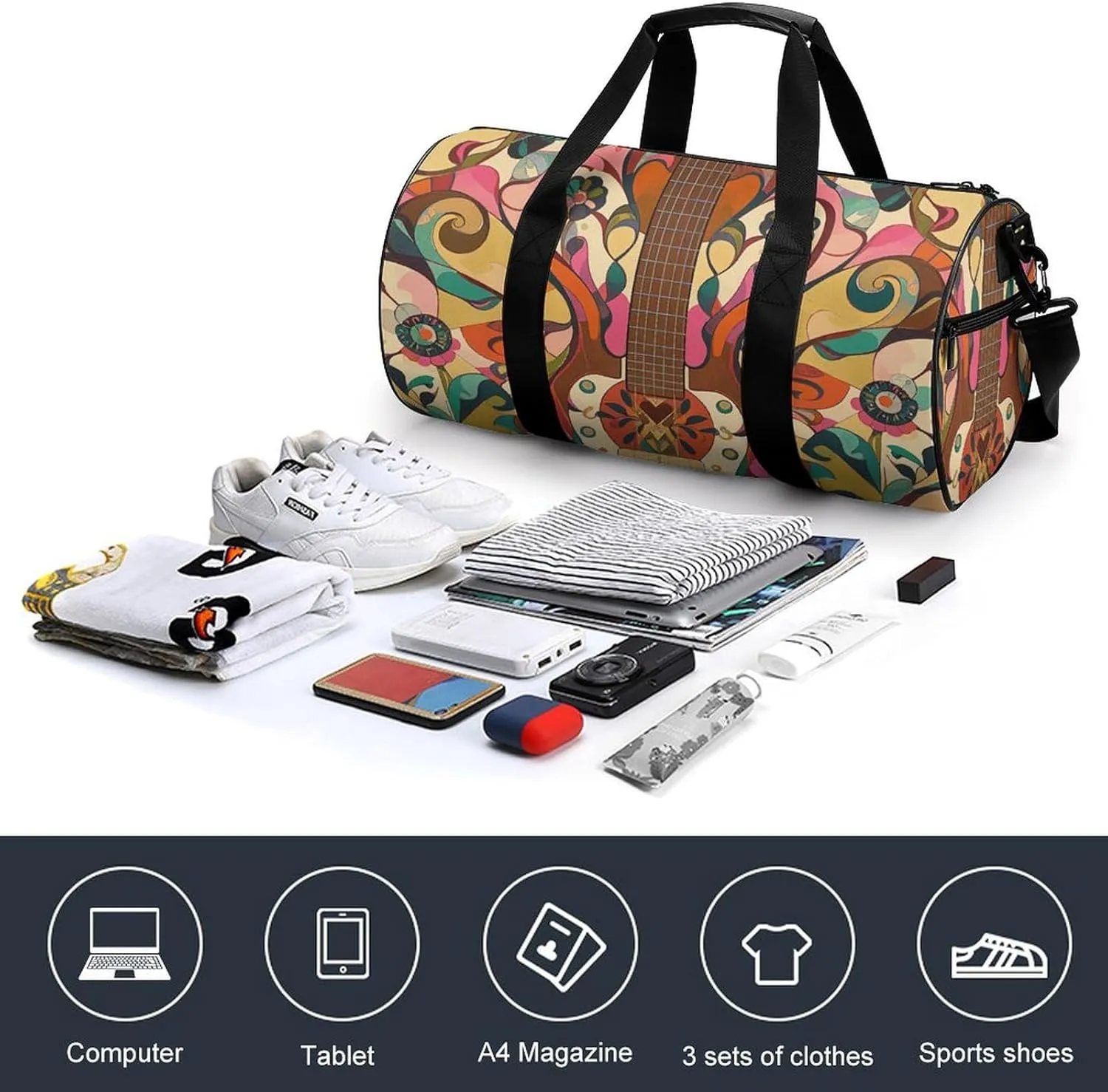 Gym Bags Small Art Guitar Pattern Duffel Bag Overnight Bag with Shoe Compartment Carryon Bag for Men Women