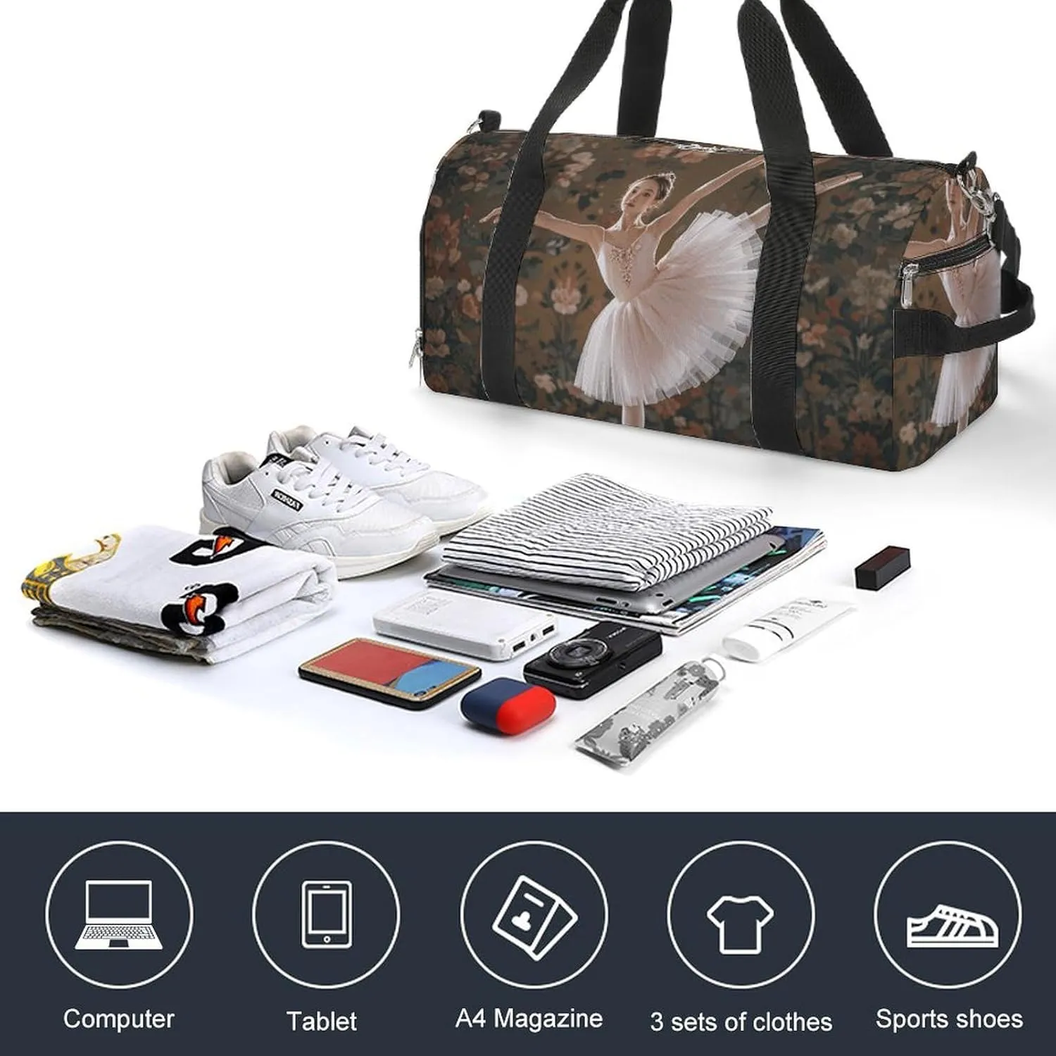 Gym Bags Small Ballerina Dance Duffel Bag Overnight Bag with Shoe Compartment Carryon Bag for Men Women