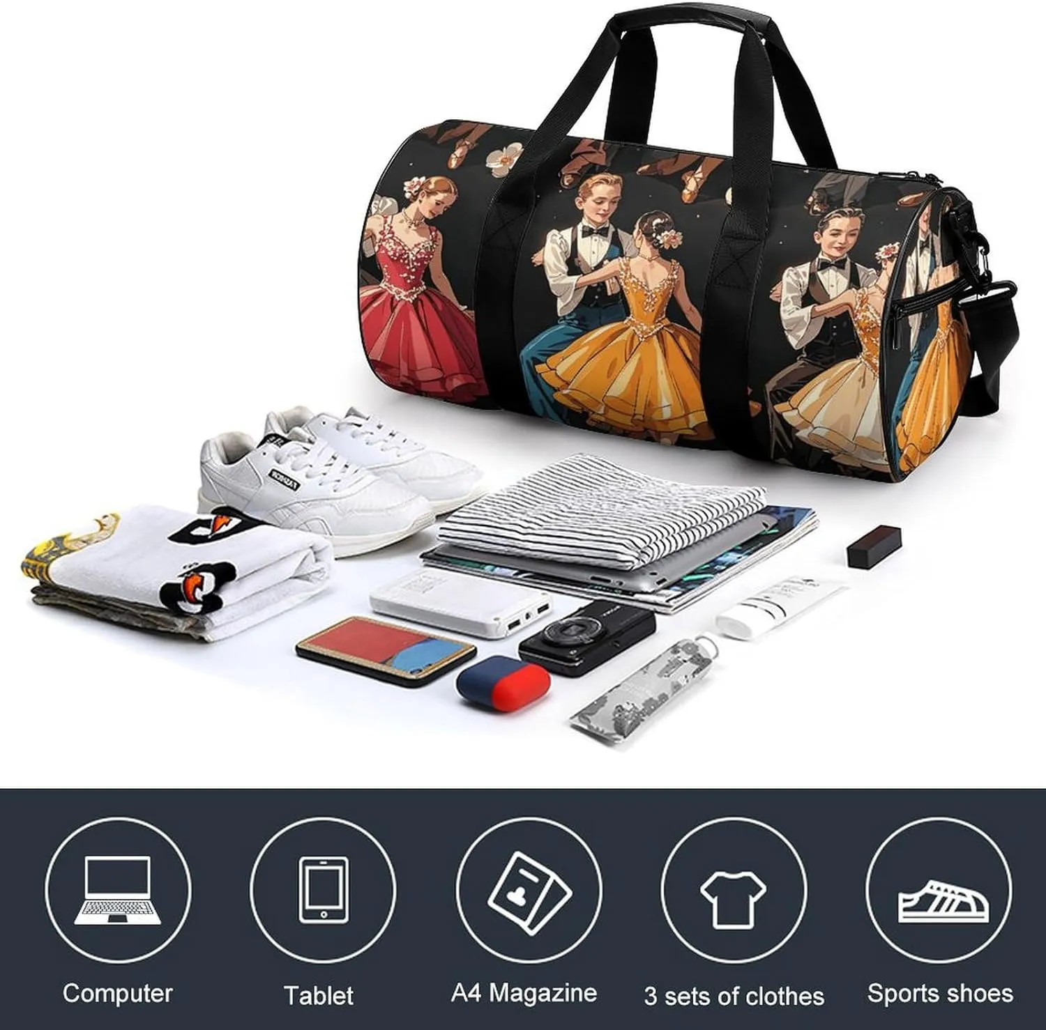 Gym Bags Small Ballroom Dance Small Pattern Duffel Bag Overnight Bag with Shoe Compartment Carryon Bag for Men Women