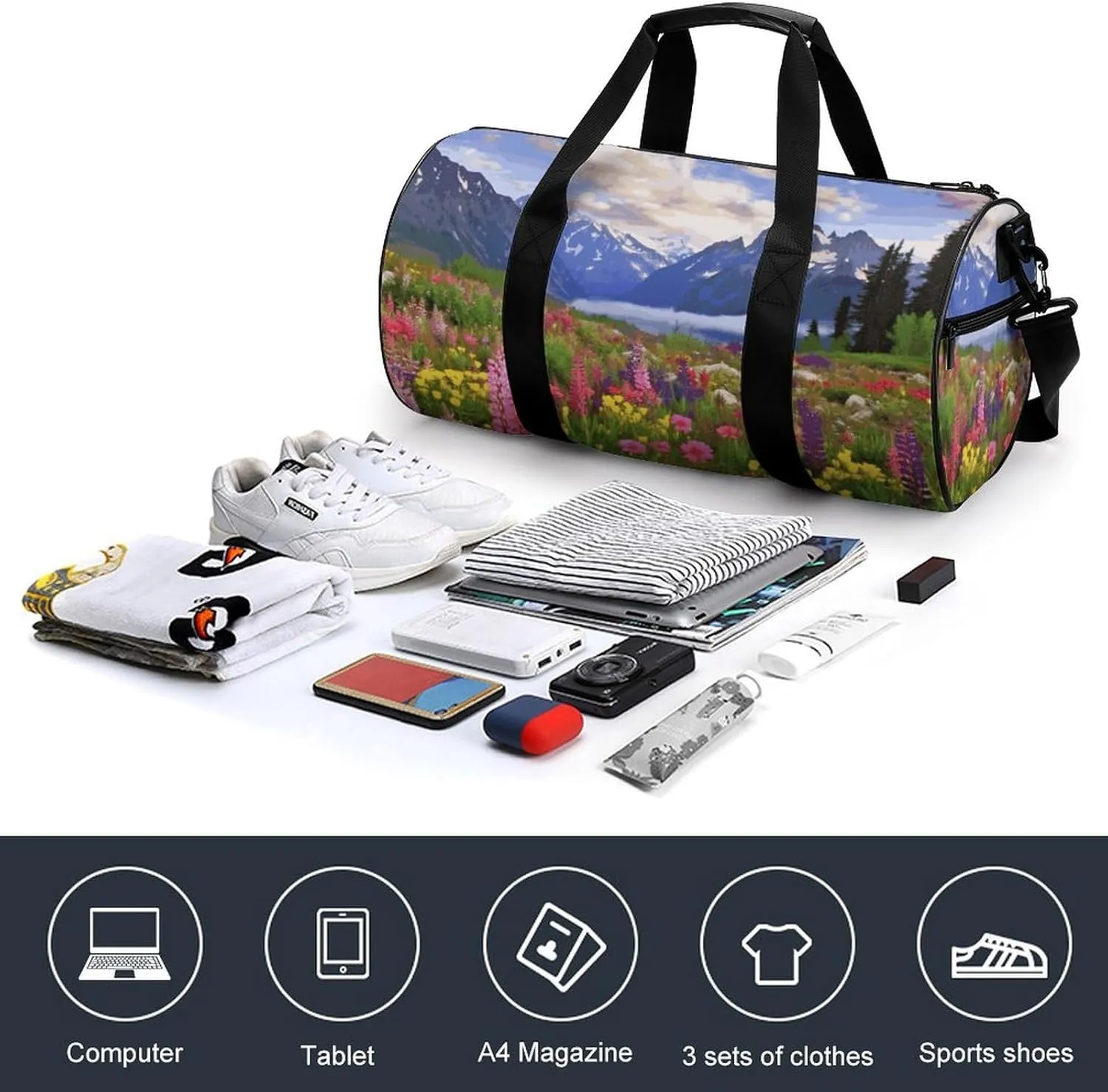 Gym Bags Small Beautiful Flowers Mountain Duffel Bag Overnight Bag with Shoe Compartment Carryon Bag for Men Women