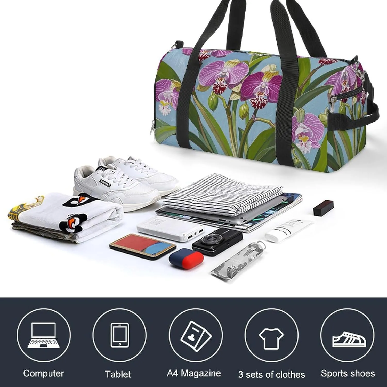 Gym Bags Small Bell Orchid Pattern Duffel Bag Overnight Bag with Shoe Compartment Carryon Bag for Men Women