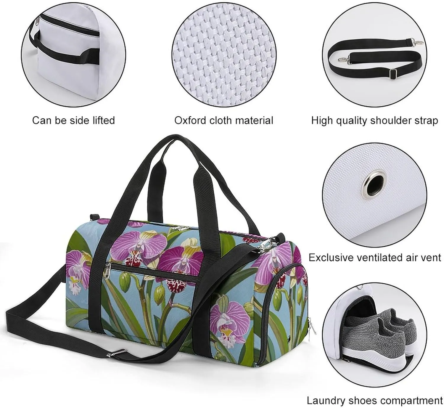 Gym Bags Small Bell Orchid Pattern Duffel Bag Overnight Bag with Shoe Compartment Carryon Bag for Men Women