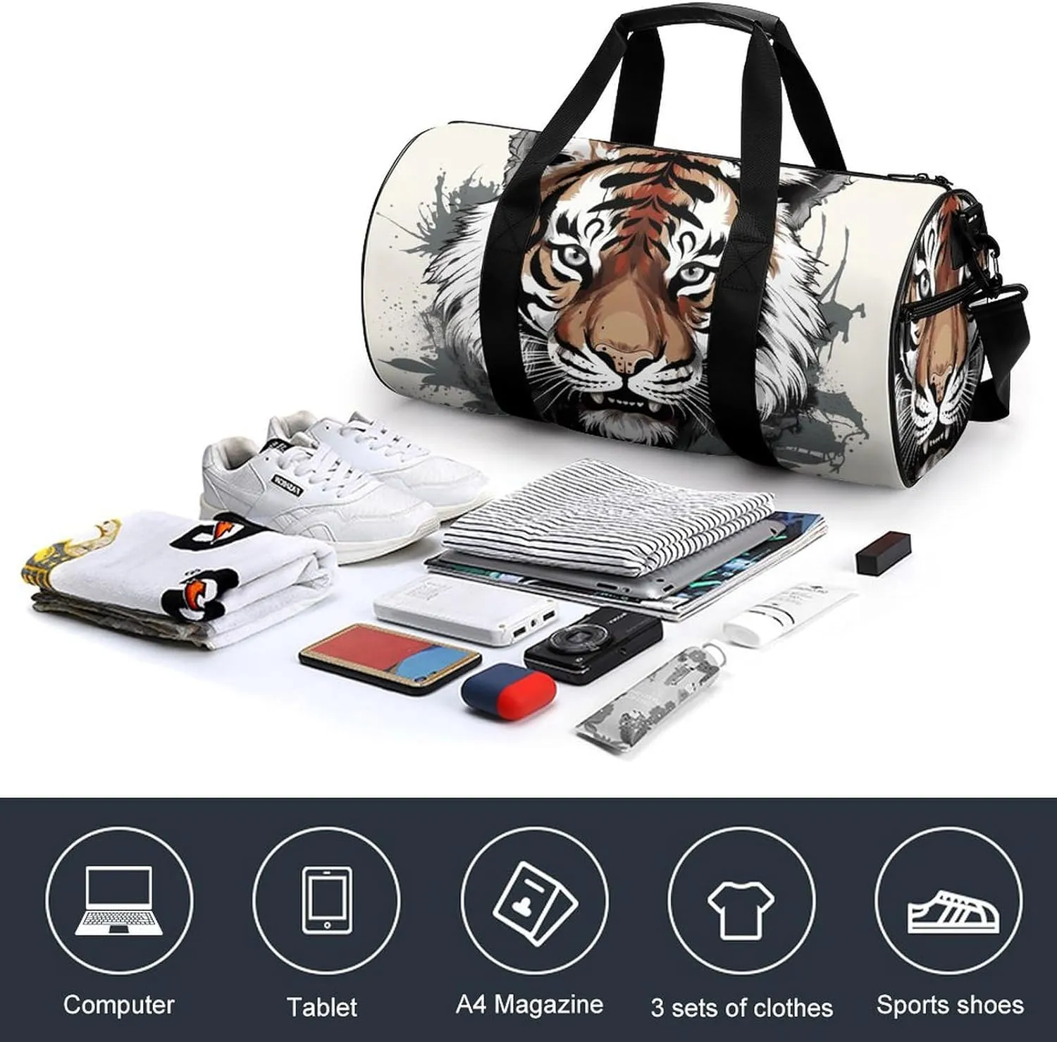Gym Bags Small Black And White Doodle Tiger Duffel Bag Overnight Bag with Shoe Compartment Carryon Bag for Men Women