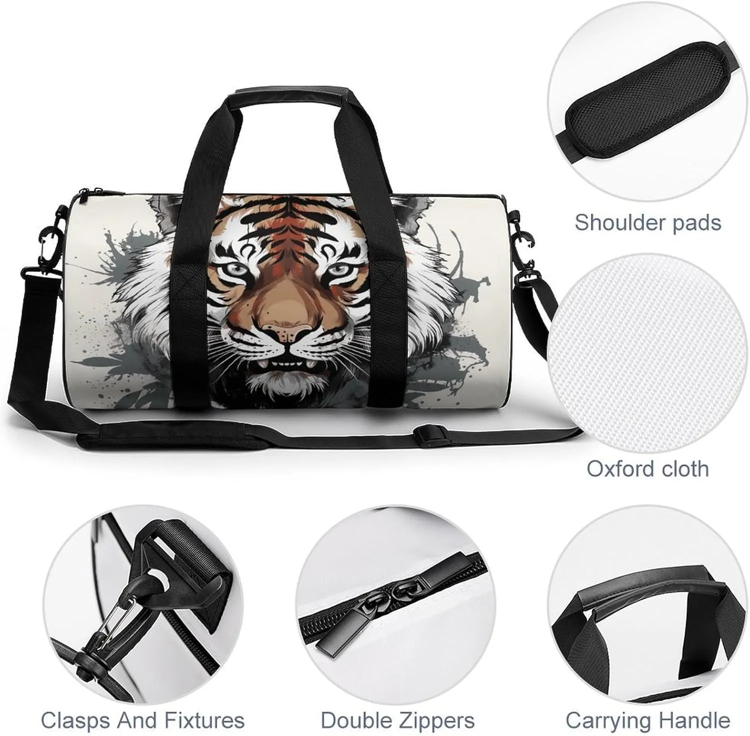 Gym Bags Small Black And White Doodle Tiger Duffel Bag Overnight Bag with Shoe Compartment Carryon Bag for Men Women