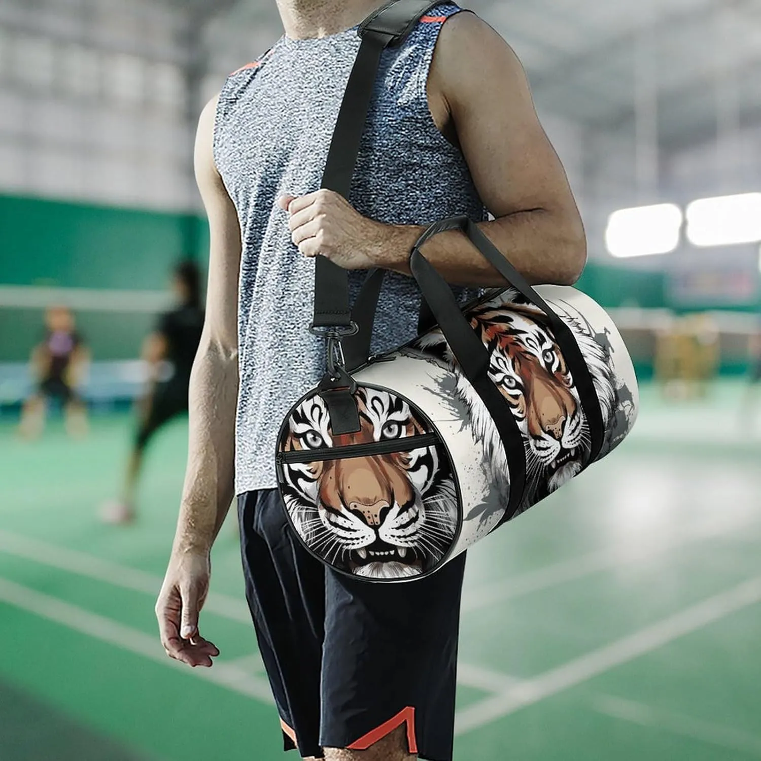 Gym Bags Small Black And White Doodle Tiger Duffel Bag Overnight Bag with Shoe Compartment Carryon Bag for Men Women