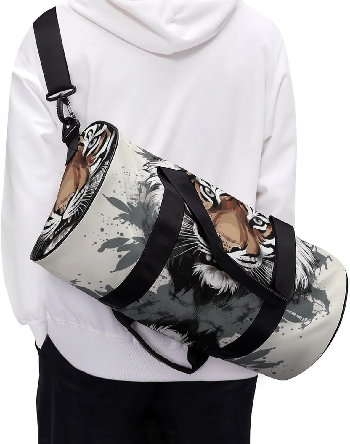 Gym Bags Small Black And White Doodle Tiger Duffel Bag Overnight Bag with Shoe Compartment Carryon Bag for Men Women