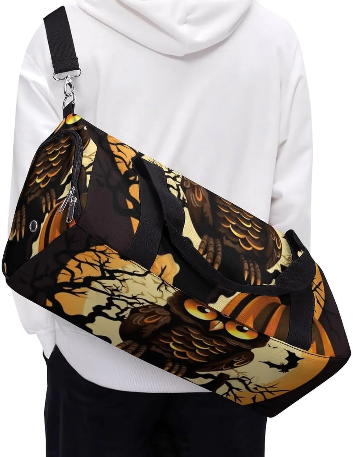 Gym Bags Small Black Tree Owl Pumpkin Head Duffel Bag Overnight Bag with Shoe Compartment Carryon Bag for Men Women