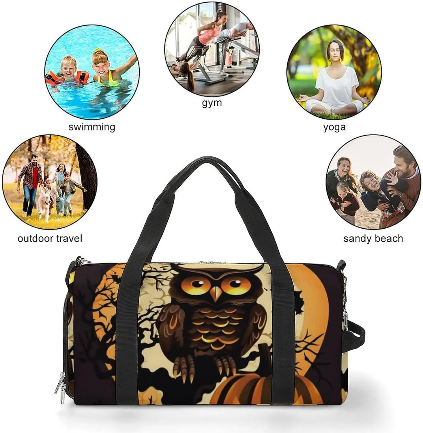 Gym Bags Small Black Tree Owl Pumpkin Head Duffel Bag Overnight Bag with Shoe Compartment Carryon Bag for Men Women