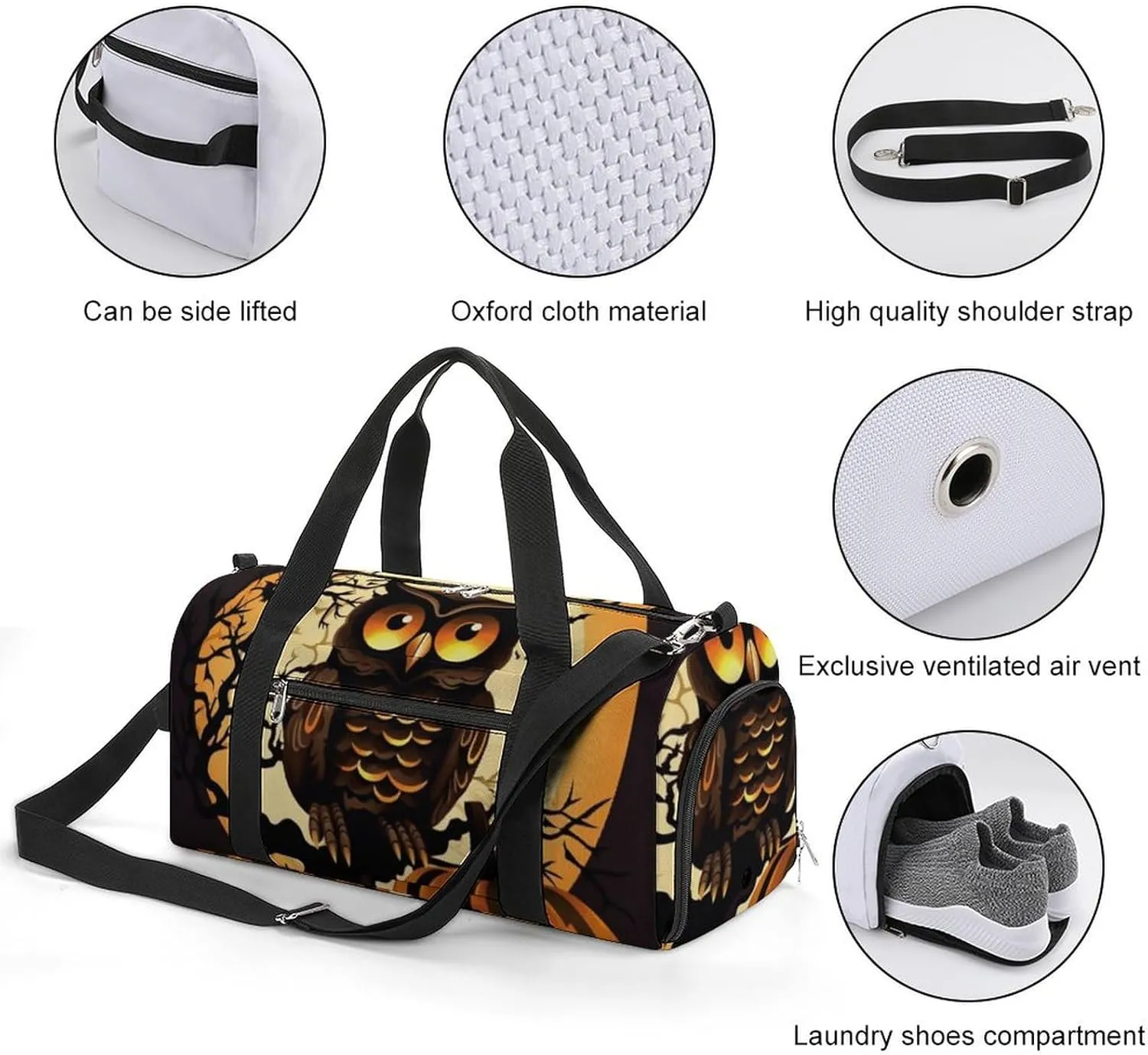 Gym Bags Small Black Tree Owl Pumpkin Head Duffel Bag Overnight Bag with Shoe Compartment Carryon Bag for Men Women