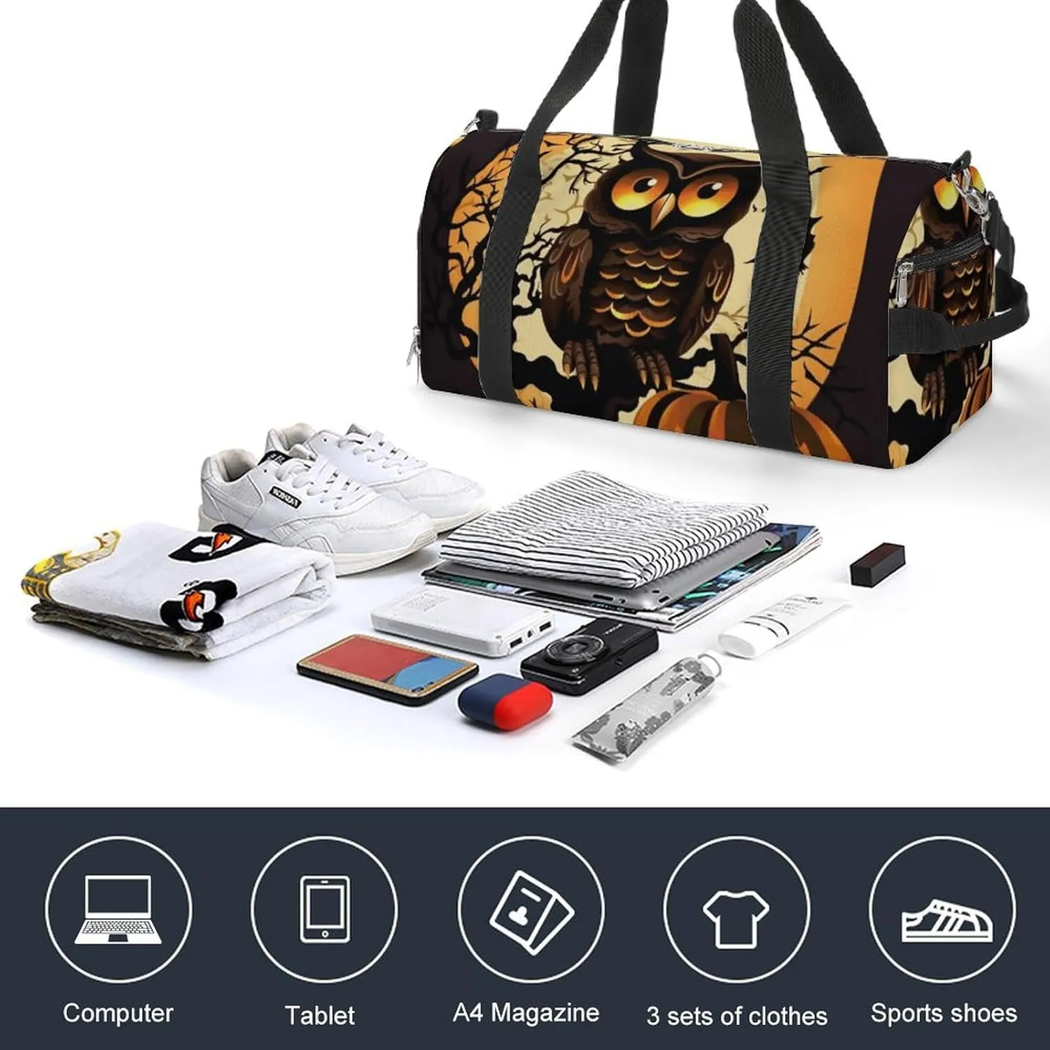 Gym Bags Small Black Tree Owl Pumpkin Head Duffel Bag Overnight Bag with Shoe Compartment Carryon Bag for Men Women