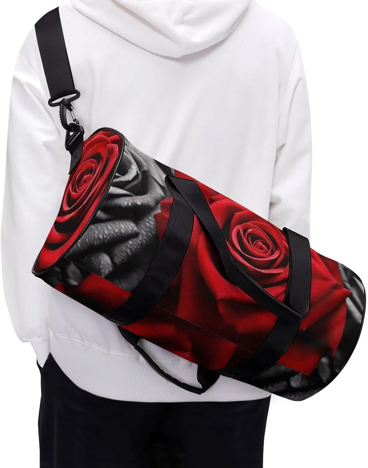 Gym Bags Small Black White And Red Roses Duffel Bag Overnight Bag with Shoe Compartment Carryon Bag for Men Women