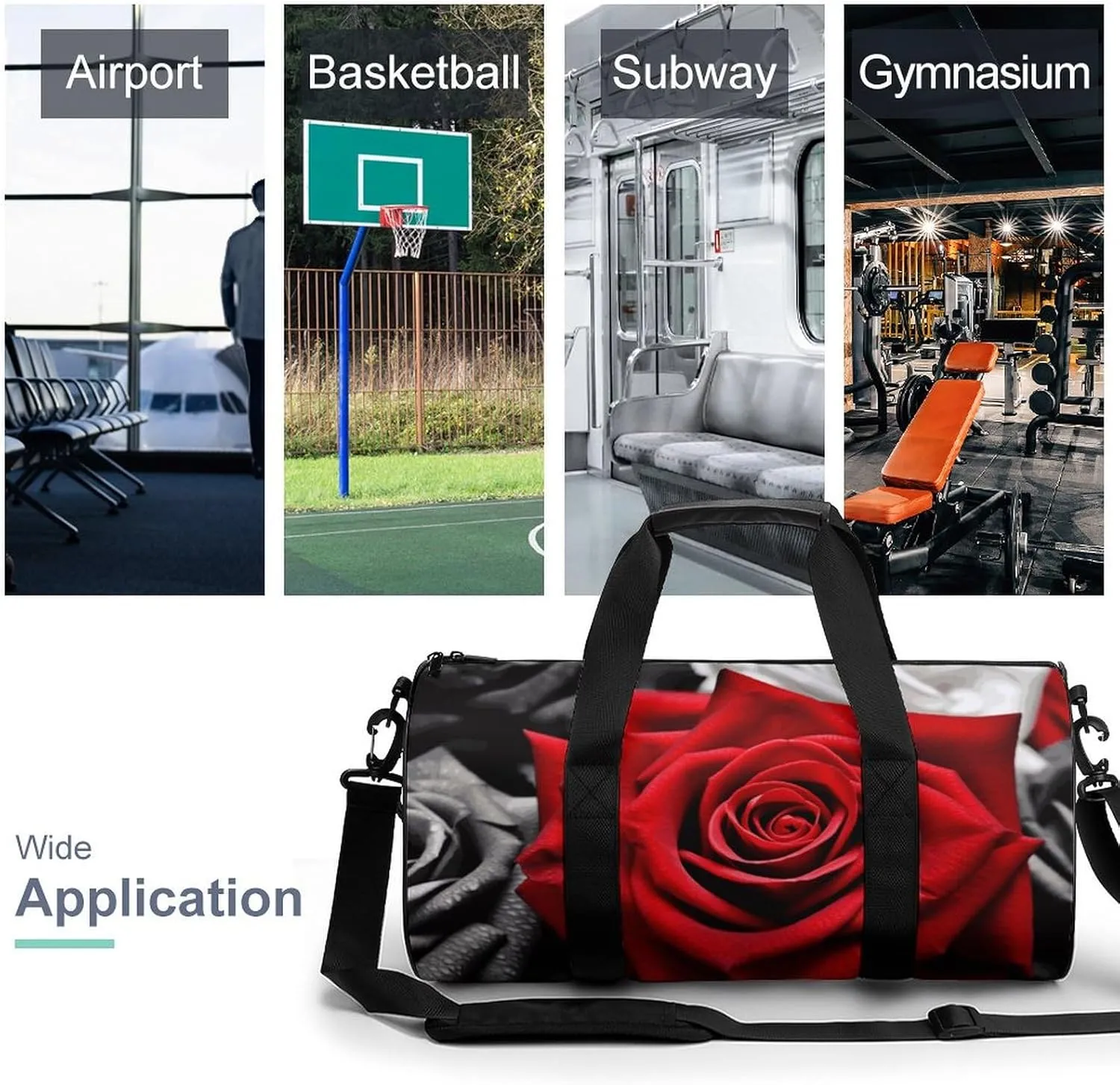 Gym Bags Small Black White And Red Roses Duffel Bag Overnight Bag with Shoe Compartment Carryon Bag for Men Women