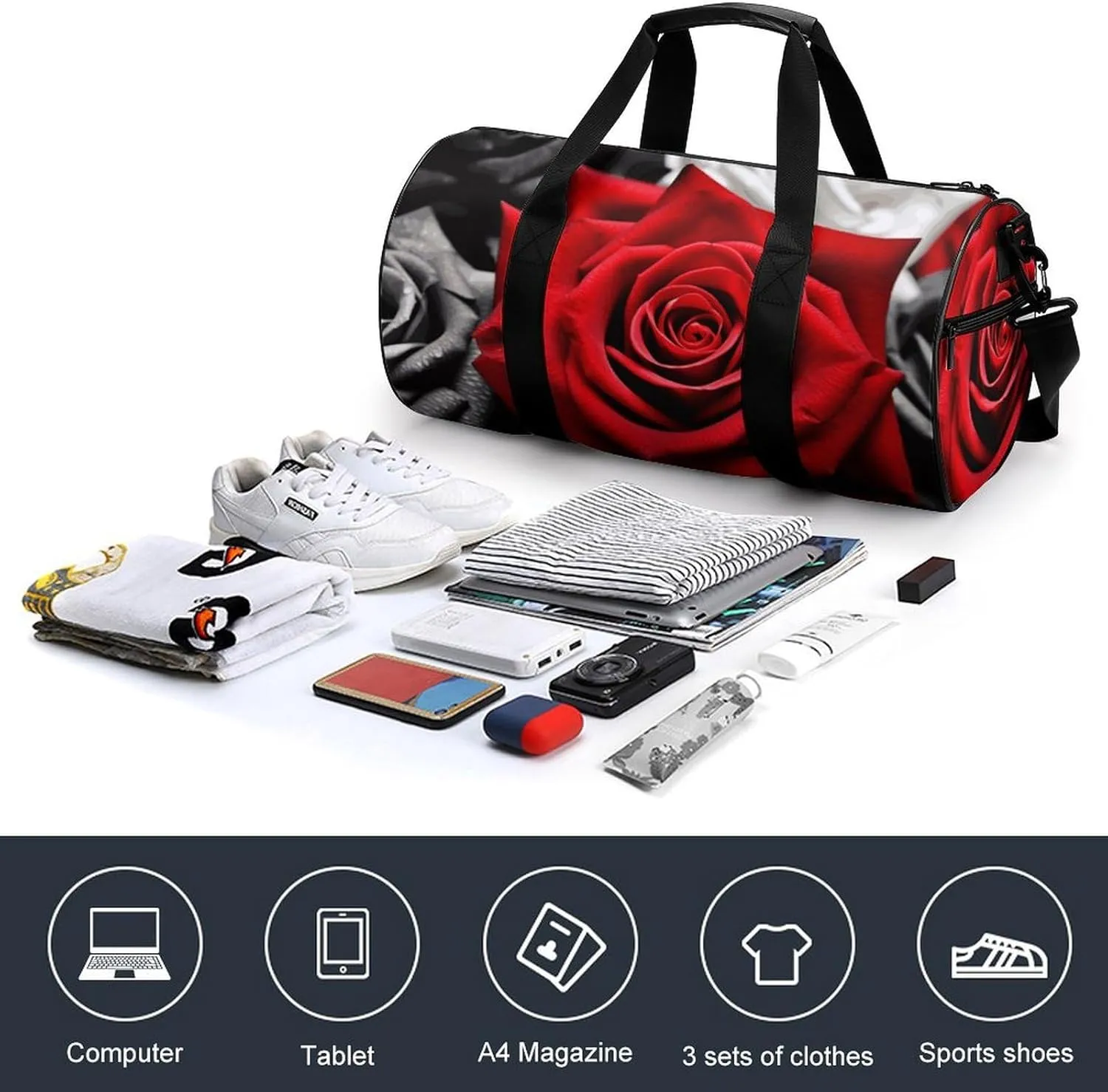 Gym Bags Small Black White And Red Roses Duffel Bag Overnight Bag with Shoe Compartment Carryon Bag for Men Women