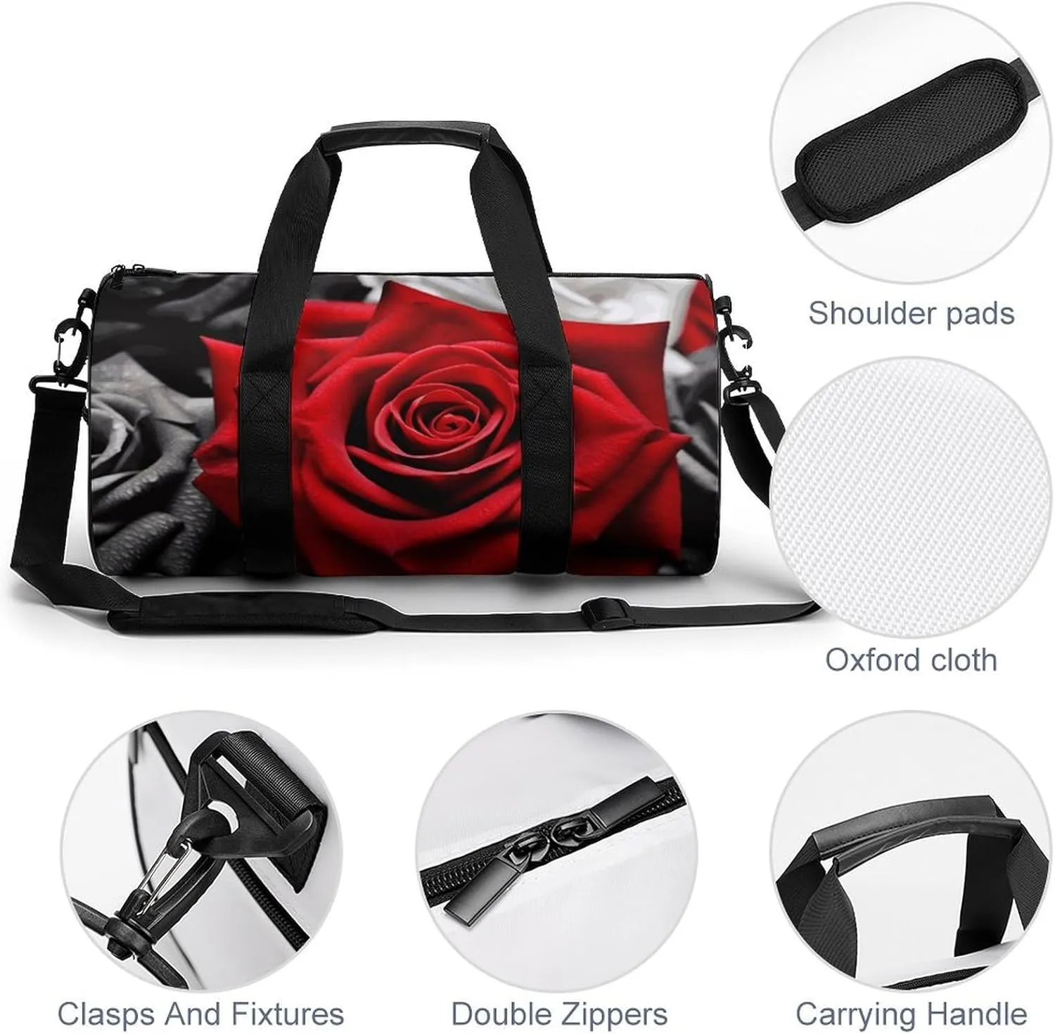 Gym Bags Small Black White And Red Roses Duffel Bag Overnight Bag with Shoe Compartment Carryon Bag for Men Women