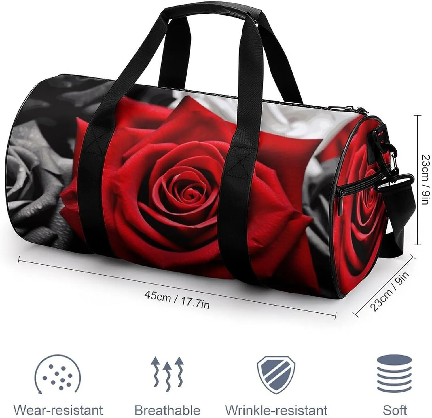 Gym Bags Small Black White And Red Roses Duffel Bag Overnight Bag with Shoe Compartment Carryon Bag for Men Women