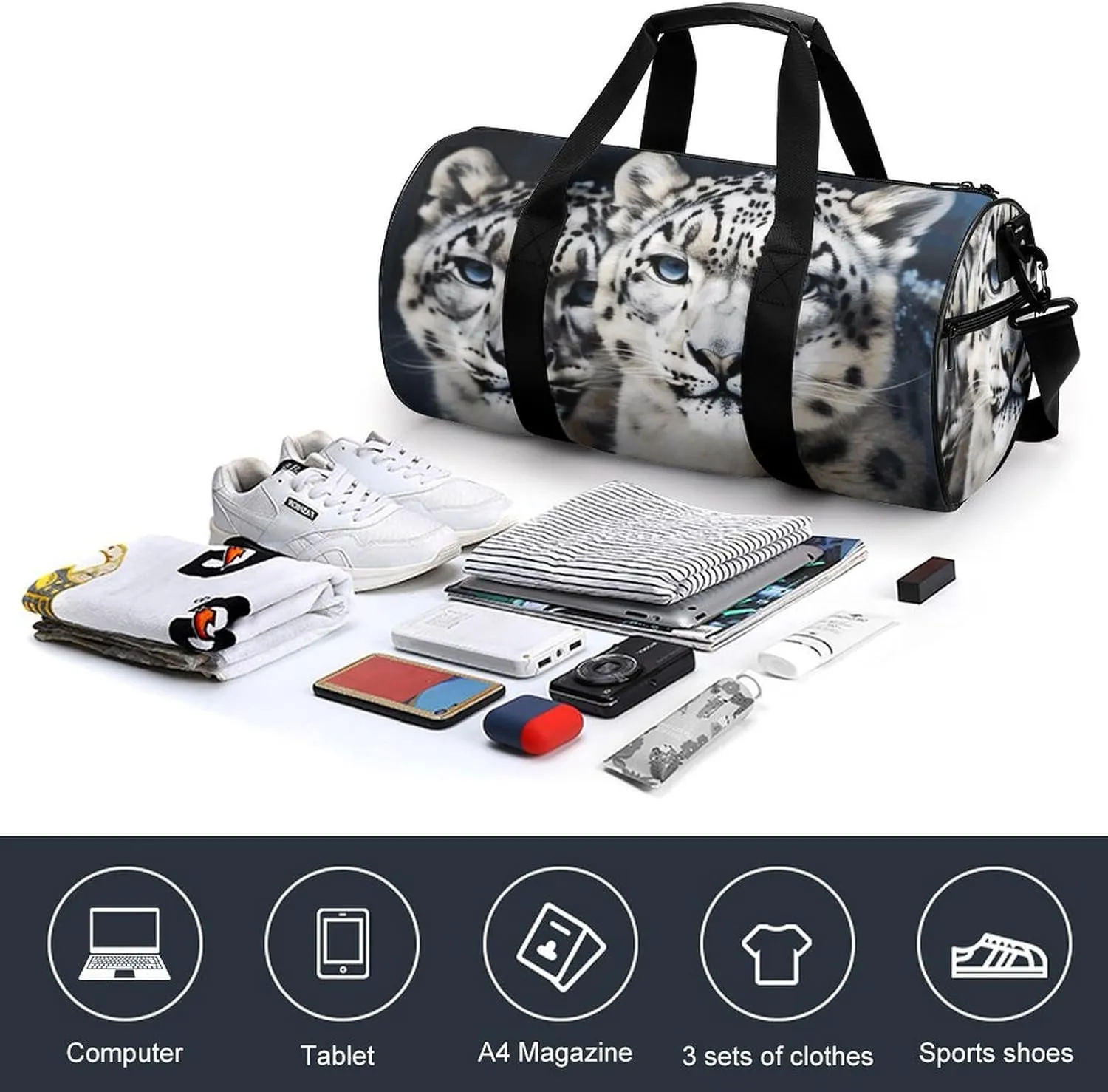 Gym Bags Small Blue Eyed Snow Leopard Duffel Bag Overnight Bag with Shoe Compartment Carryon Bag for Men Women