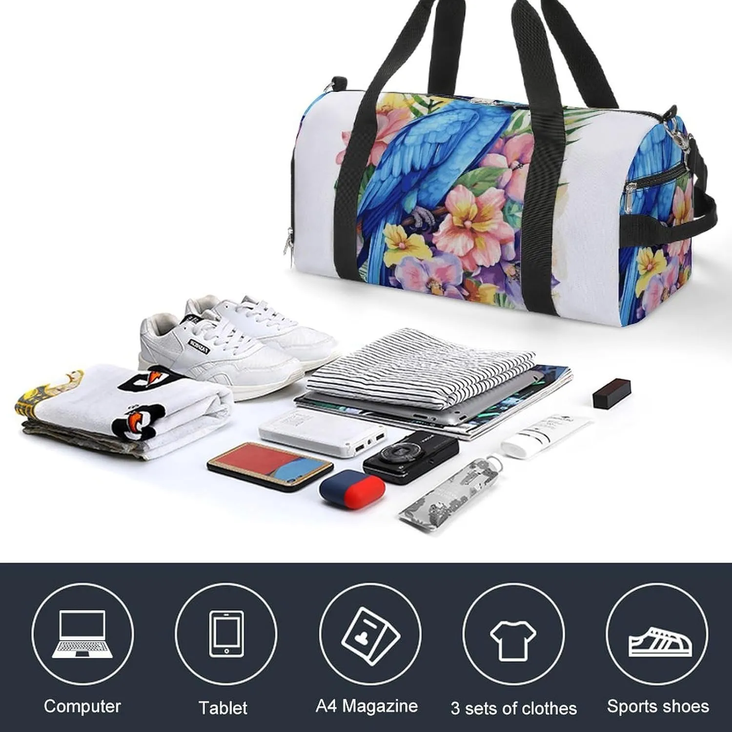 Gym Bags Small Blue Parrot in Flowers Duffel Bag Overnight Bag with Shoe Compartment Carryon Bag for Men Women