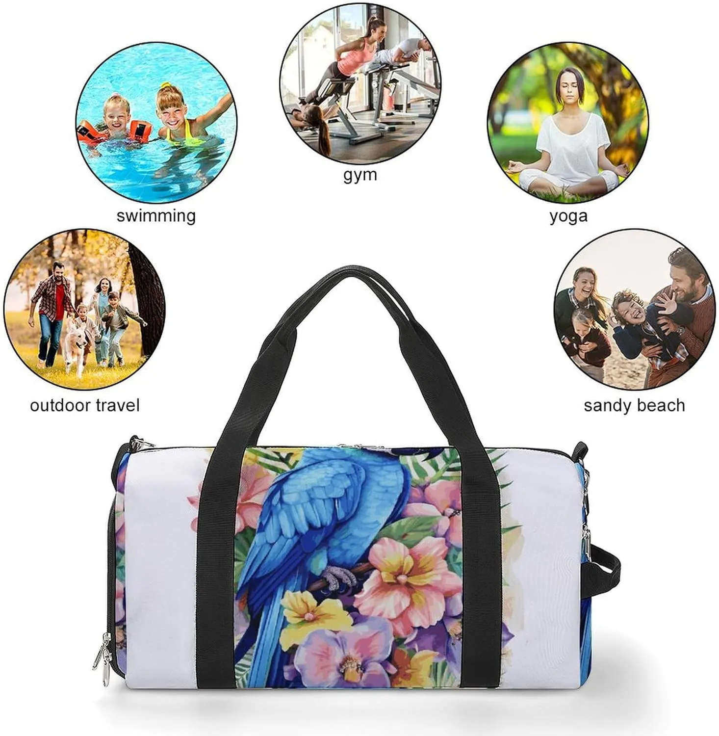 Gym Bags Small Blue Parrot in Flowers Duffel Bag Overnight Bag with Shoe Compartment Carryon Bag for Men Women