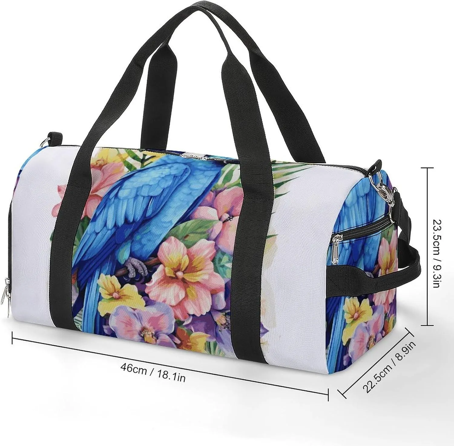 Gym Bags Small Blue Parrot in Flowers Duffel Bag Overnight Bag with Shoe Compartment Carryon Bag for Men Women
