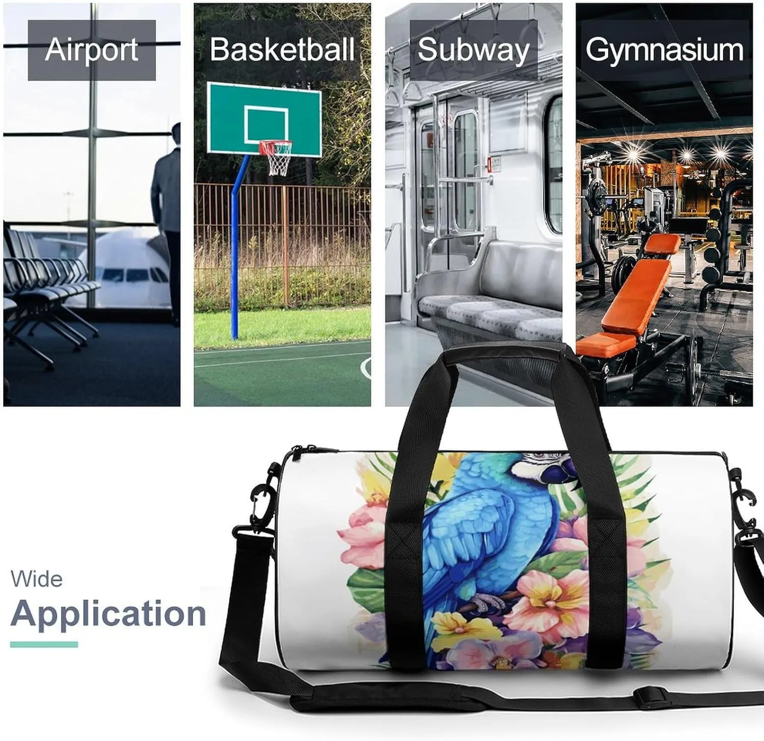 Gym Bags Small Blue Parrot in Flowers Duffel Bag Overnight Bag with Shoe Compartment Carryon Bag for Men Women