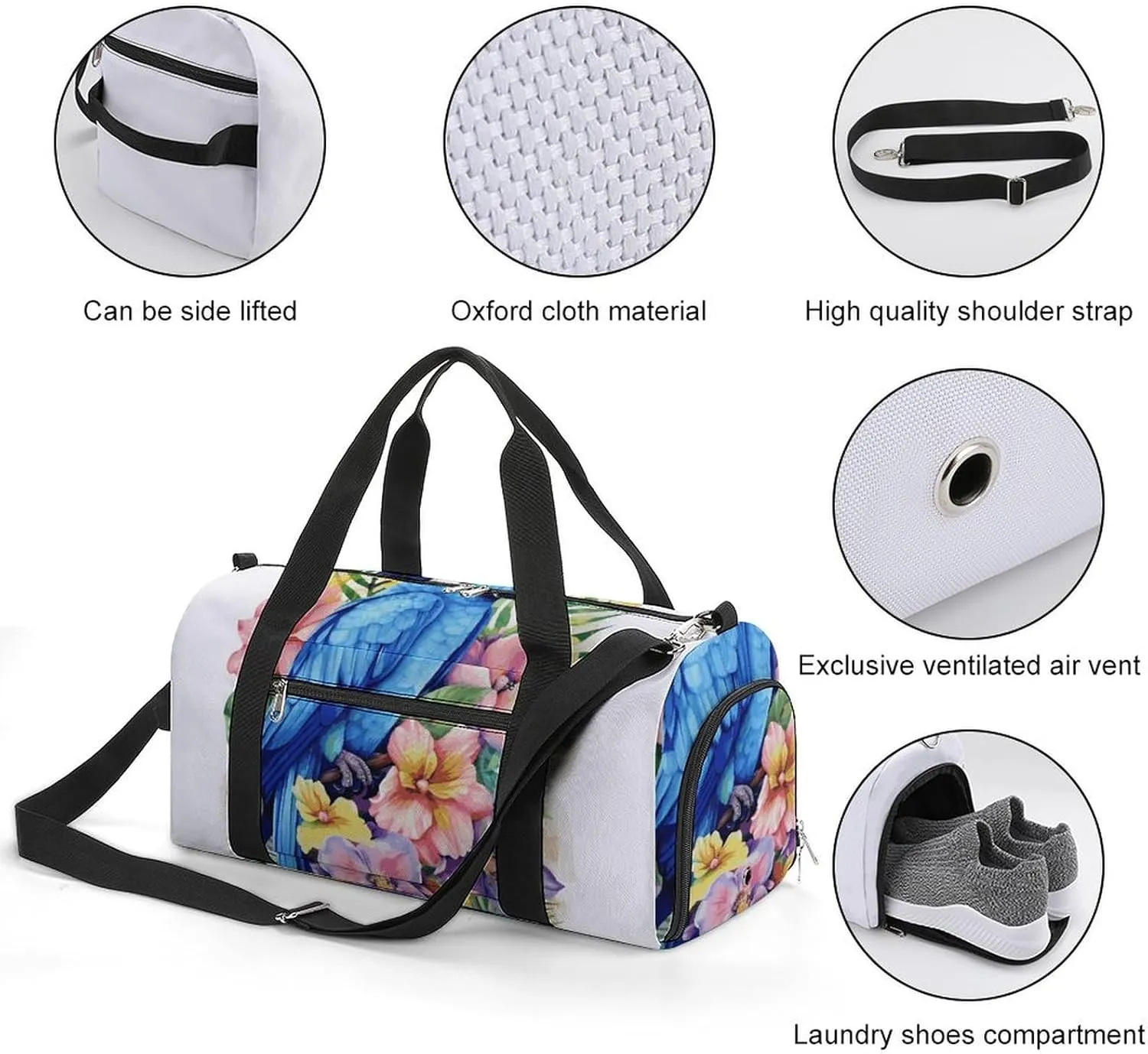 Gym Bags Small Blue Parrot in Flowers Duffel Bag Overnight Bag with Shoe Compartment Carryon Bag for Men Women