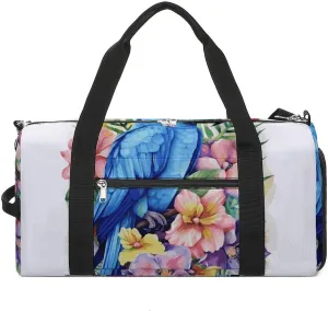 Gym Bags Small Blue Parrot in Flowers Duffel Bag Overnight Bag with Shoe Compartment Carryon Bag for Men Women