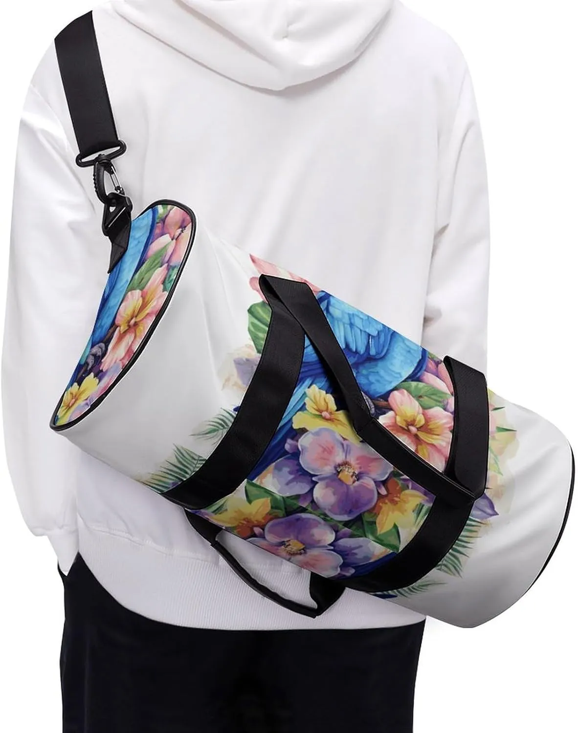 Gym Bags Small Blue Parrot in Flowers Duffel Bag Overnight Bag with Shoe Compartment Carryon Bag for Men Women