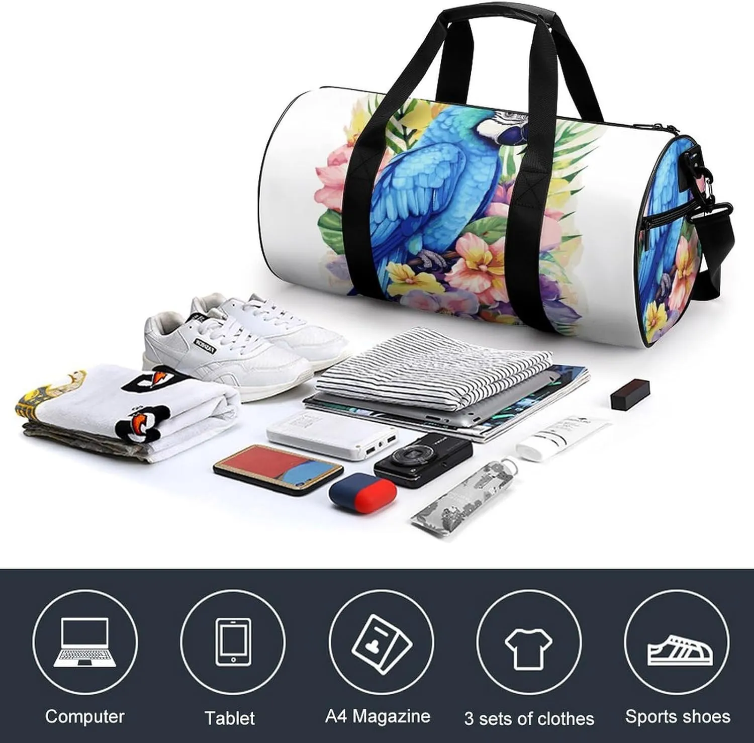 Gym Bags Small Blue Parrot in Flowers Duffel Bag Overnight Bag with Shoe Compartment Carryon Bag for Men Women