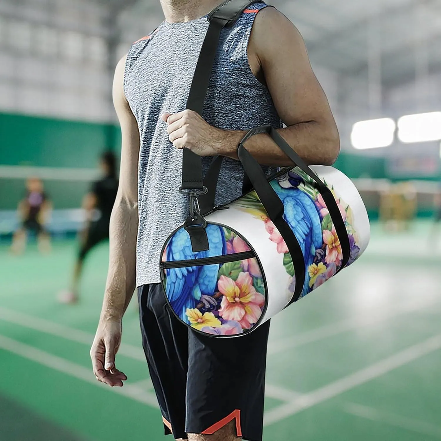 Gym Bags Small Blue Parrot in Flowers Duffel Bag Overnight Bag with Shoe Compartment Carryon Bag for Men Women
