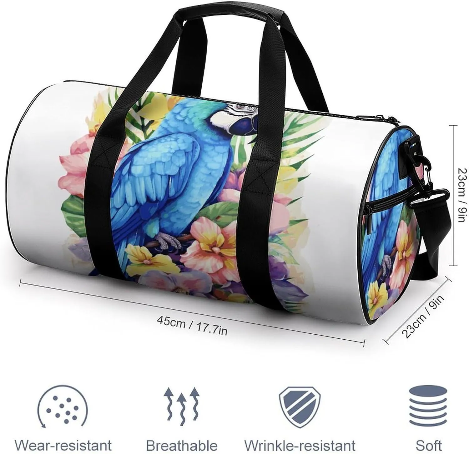 Gym Bags Small Blue Parrot in Flowers Duffel Bag Overnight Bag with Shoe Compartment Carryon Bag for Men Women