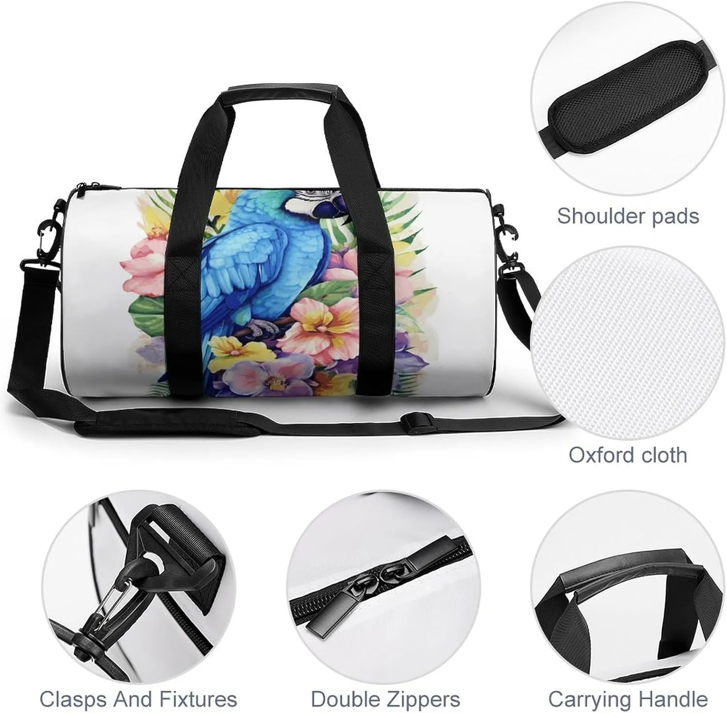 Gym Bags Small Blue Parrot in Flowers Duffel Bag Overnight Bag with Shoe Compartment Carryon Bag for Men Women