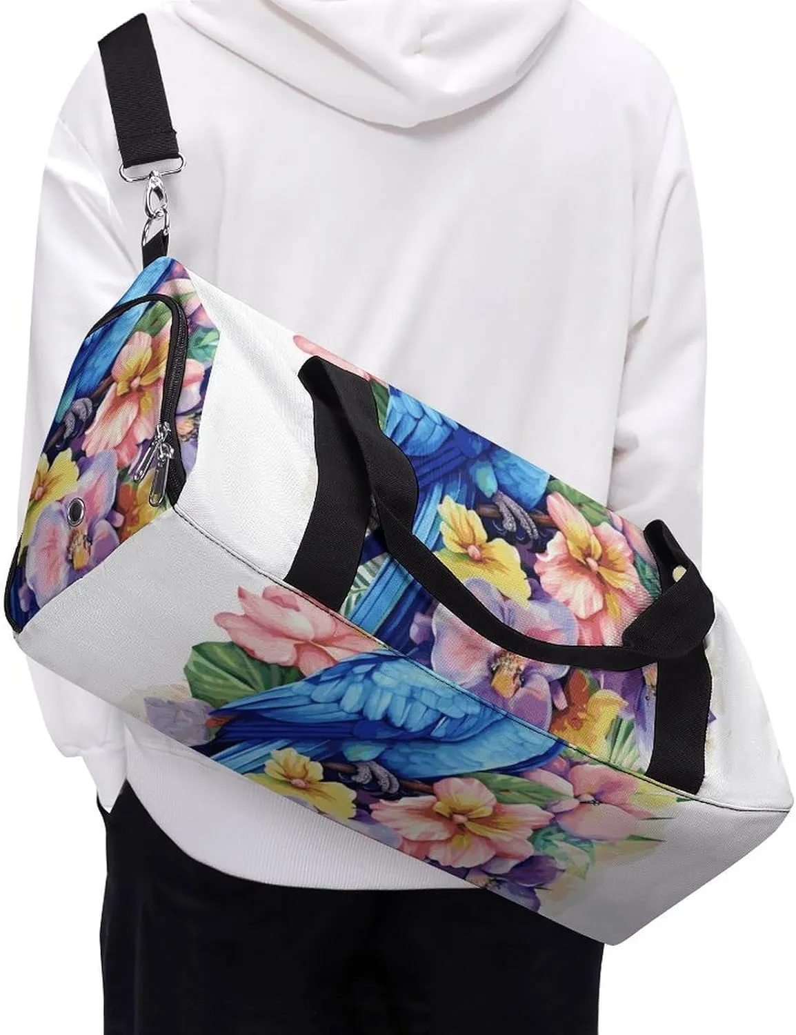 Gym Bags Small Blue Parrot in Flowers Duffel Bag Overnight Bag with Shoe Compartment Carryon Bag for Men Women